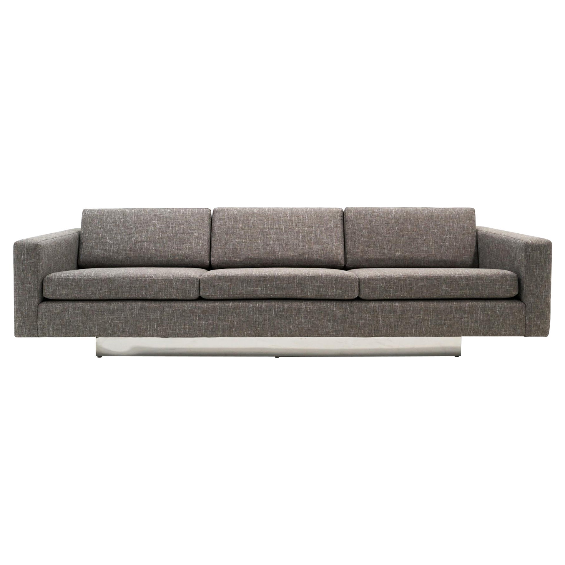 Gray Three Piece Sofa, Recessed Chrome Plinth Base. Attributed to Harvey Probber For Sale