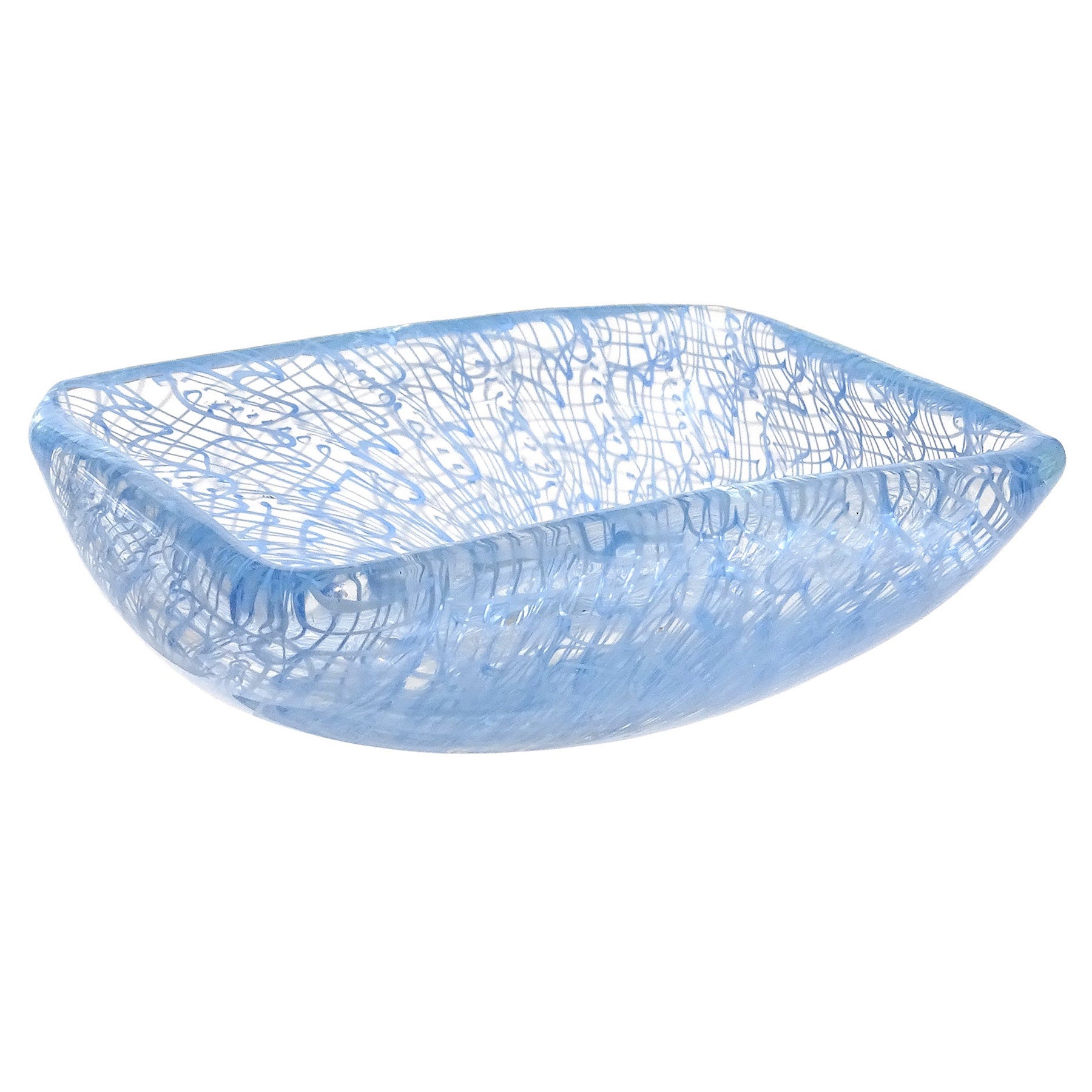 Seguso Murano 1954 Sky Blue Merletto Ribbons Italian Art Glass Ring Dish Bowl