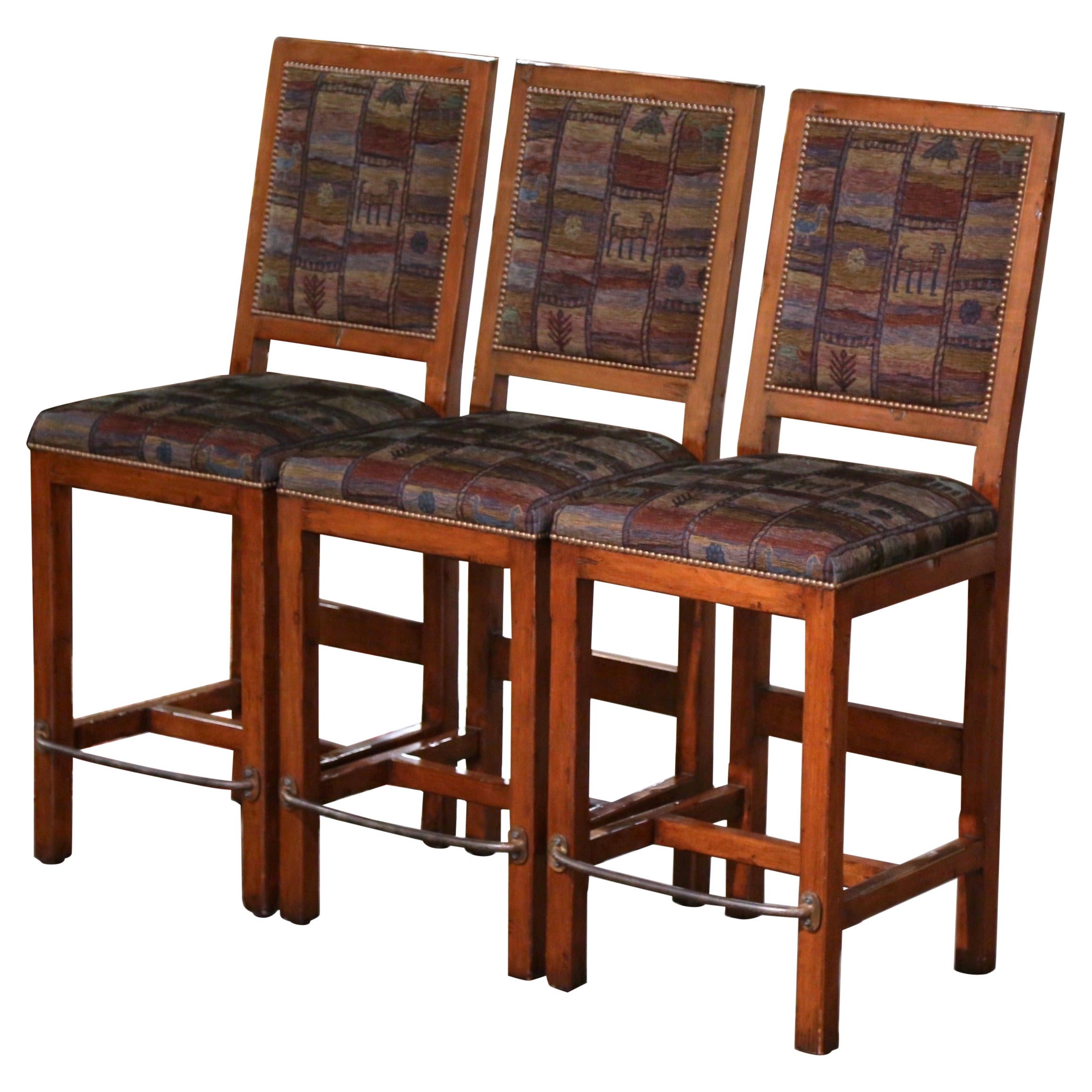 Set of Three Vintage Louis XIII Style Carved Walnut and Fabric Bar Stools For Sale