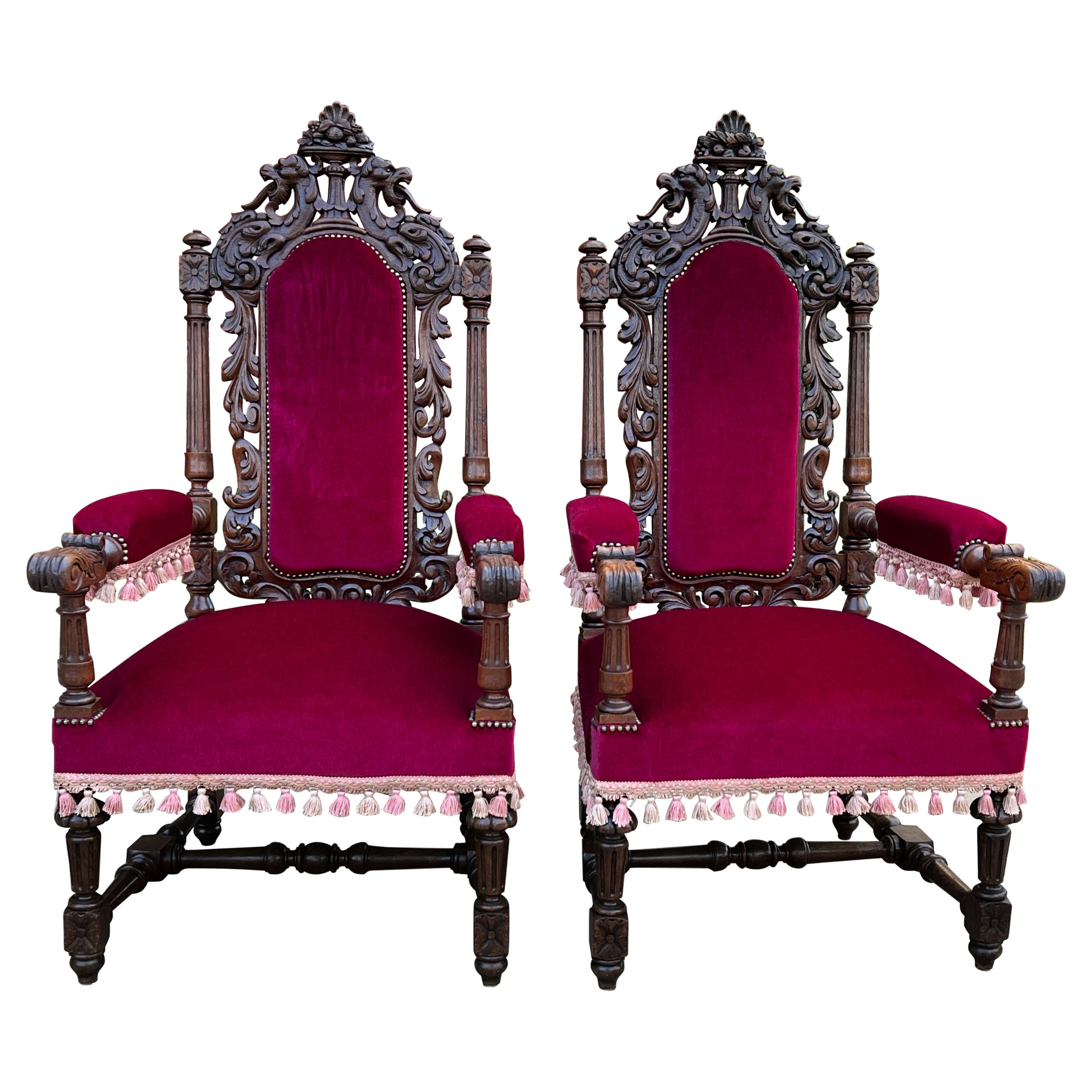 Antique French Pair Arm Chairs Fireside Throne Chairs Large Red Upholstery 19thc For Sale