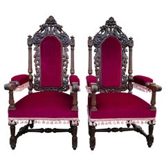 Antique French Pair Arm Chairs Fireside Throne Chairs Large Red Upholstery 19thc