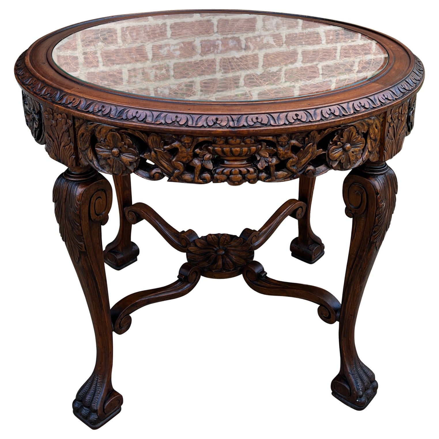 Antique French Round End Table Occasional Bed Table Caned Glass Top Walnut 19c For Sale