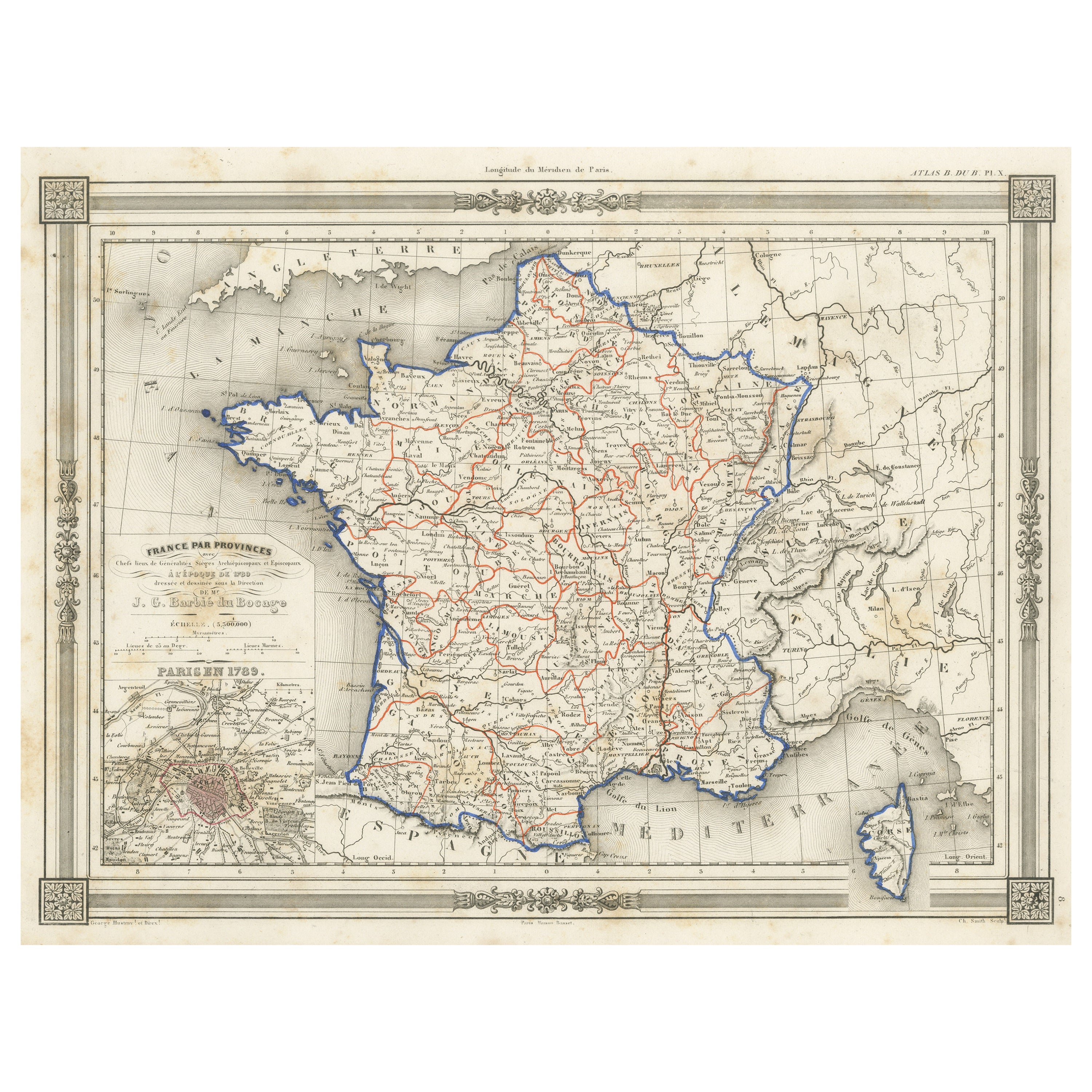 Antique Map of France in Provinces, with Inset of Paris For Sale