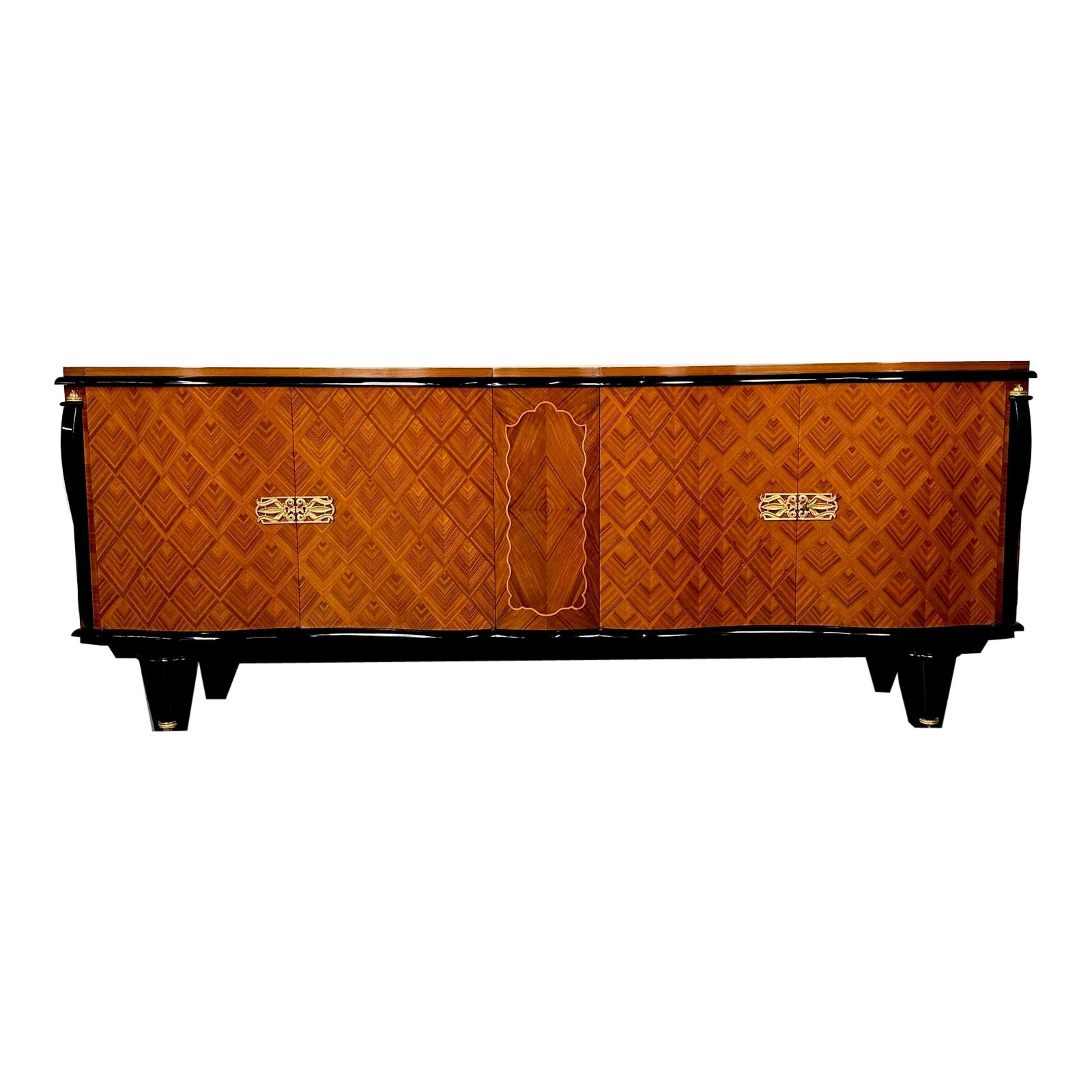 Large French Deco Marquetry Sideboard, Buffet, Rosewood, Walnut, Marquetry For Sale