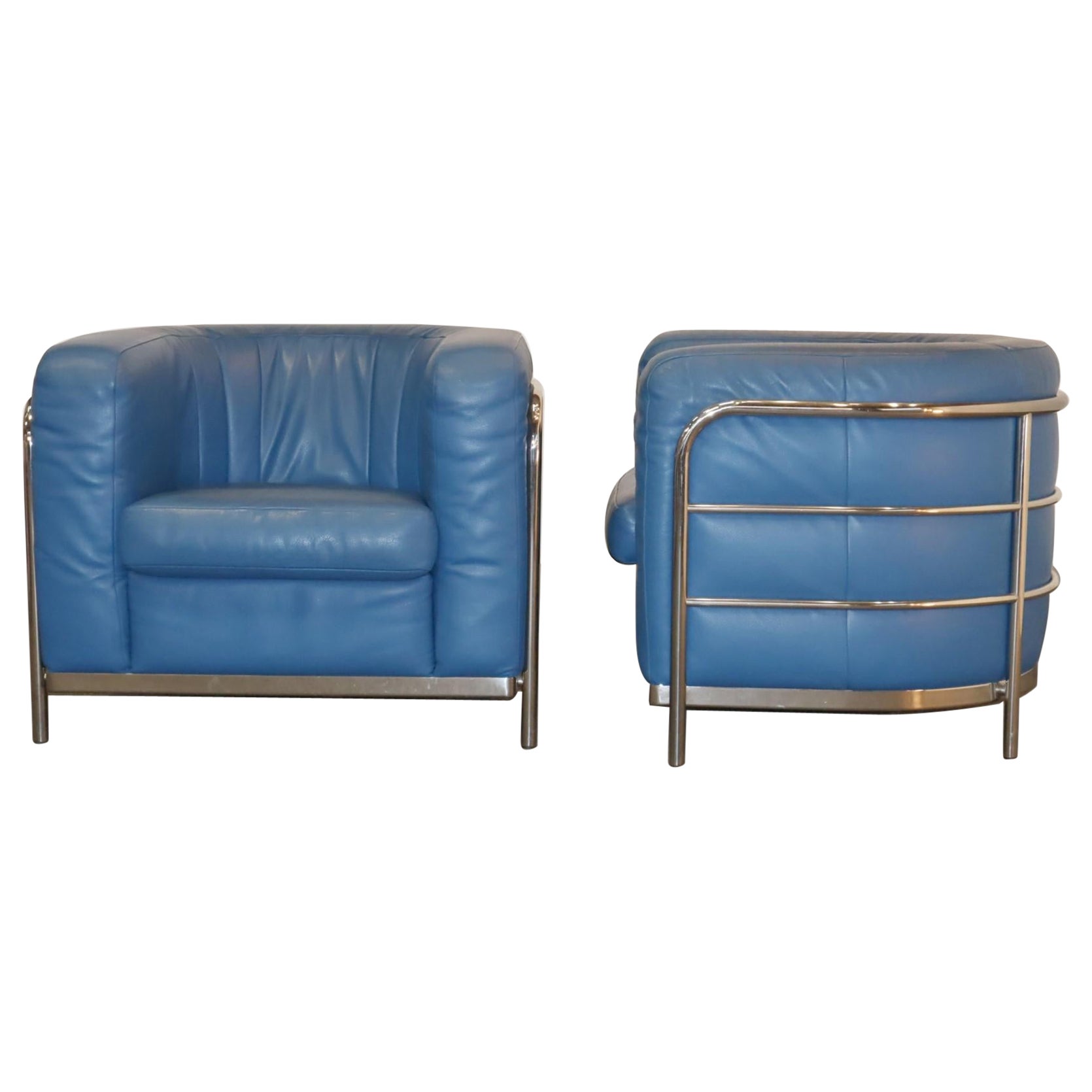 Zanotta Onda Pair of Armchairs in Blue Leather by De Pas, D'urbino For Sale
