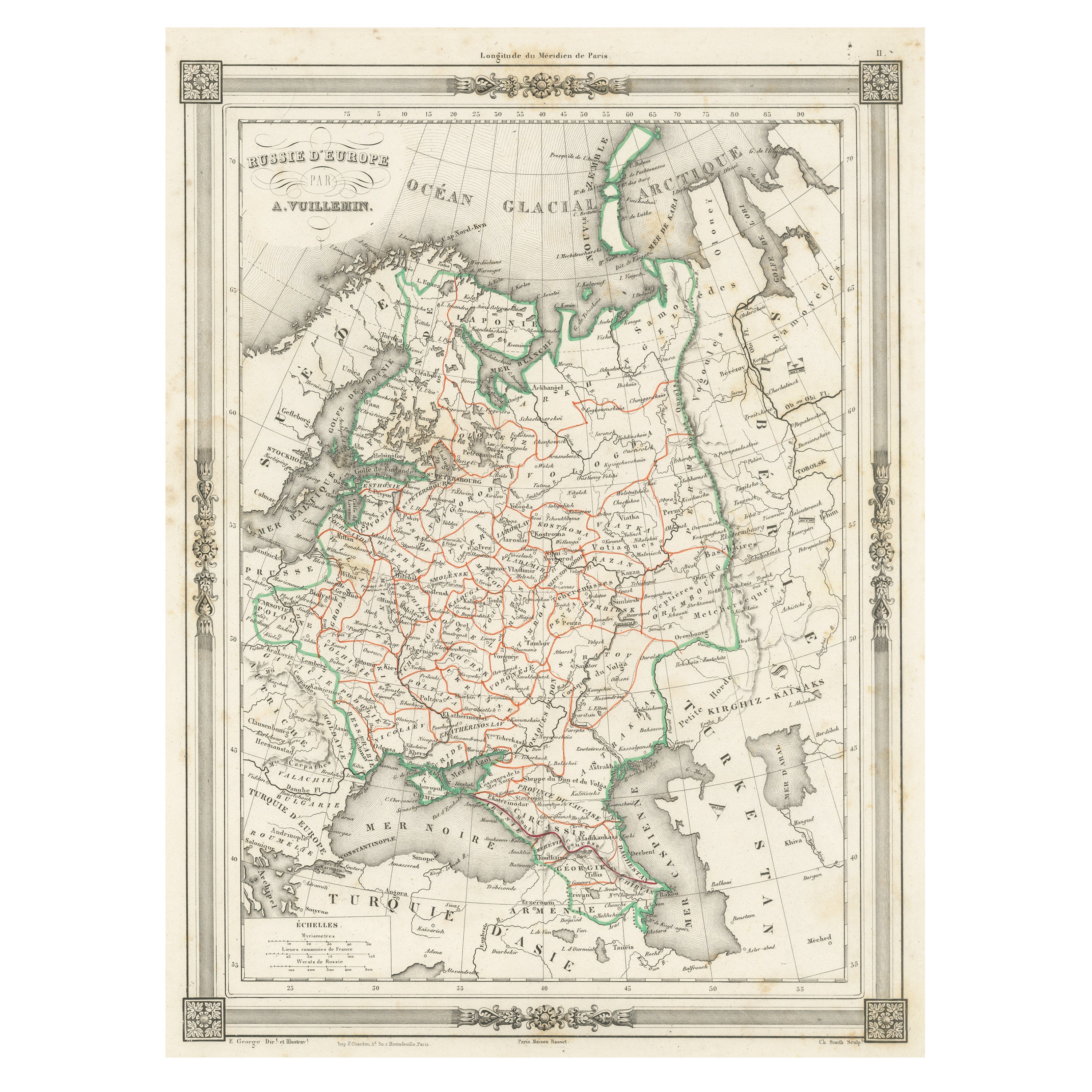 Antique Map of Russia in Europe, with Frame Style Border For Sale