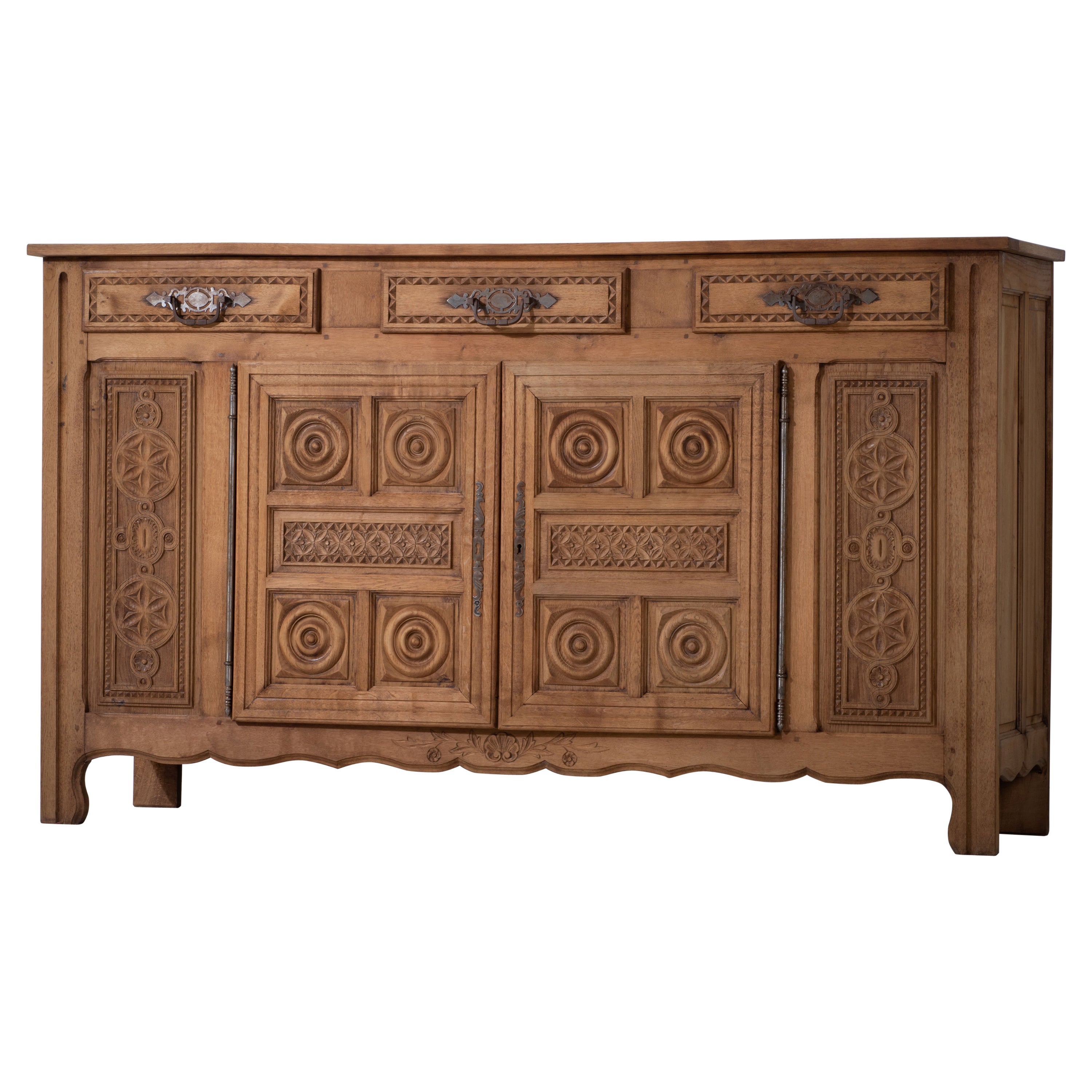 Bleached Solid Oak Credenza with Graphic Details, France, 1940s For Sale