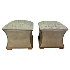 Pair of Custom Rose Tarlow Textile & Leather Ottomans
