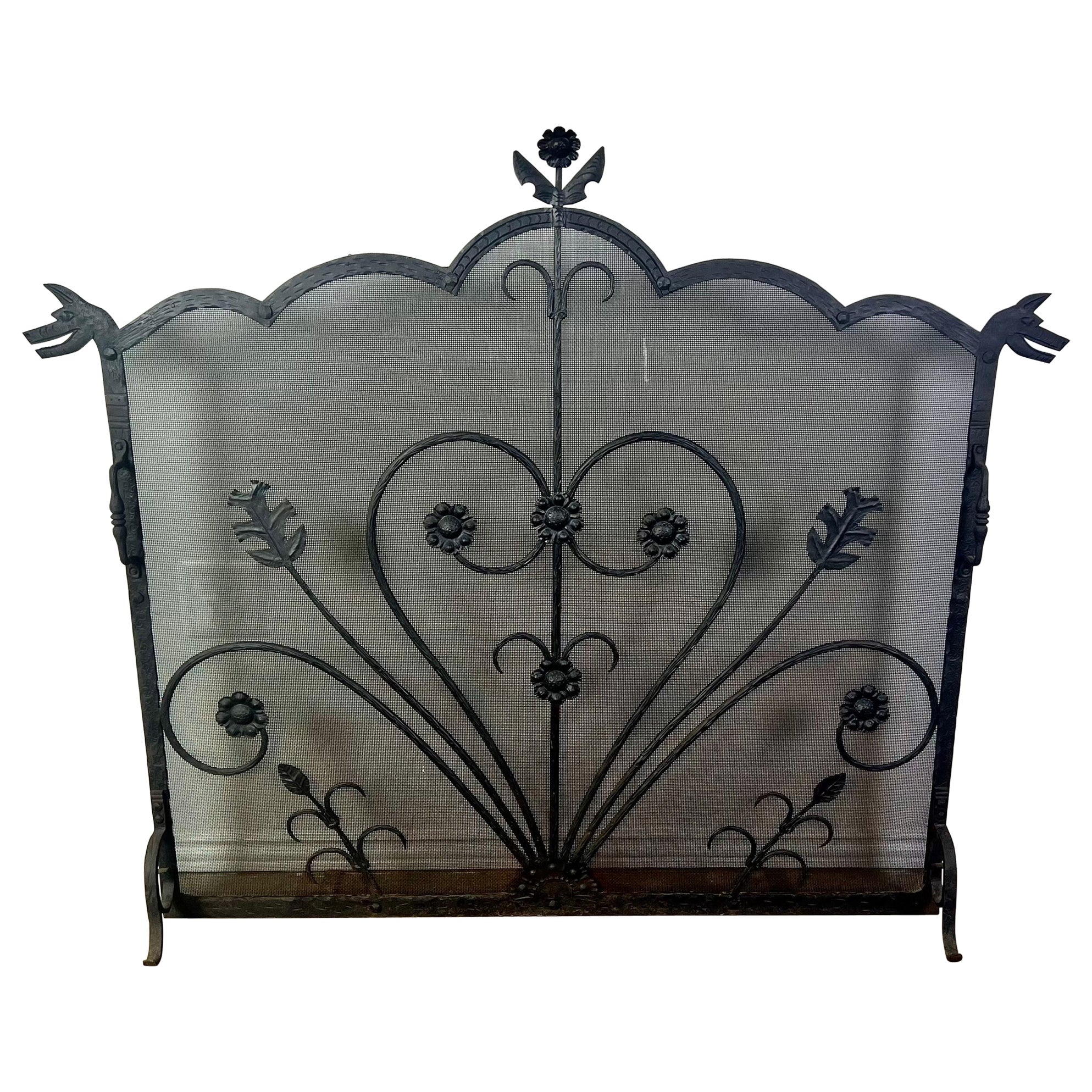 Wrought Iron Fireplace Screen w/ Cast Handles For Sale
