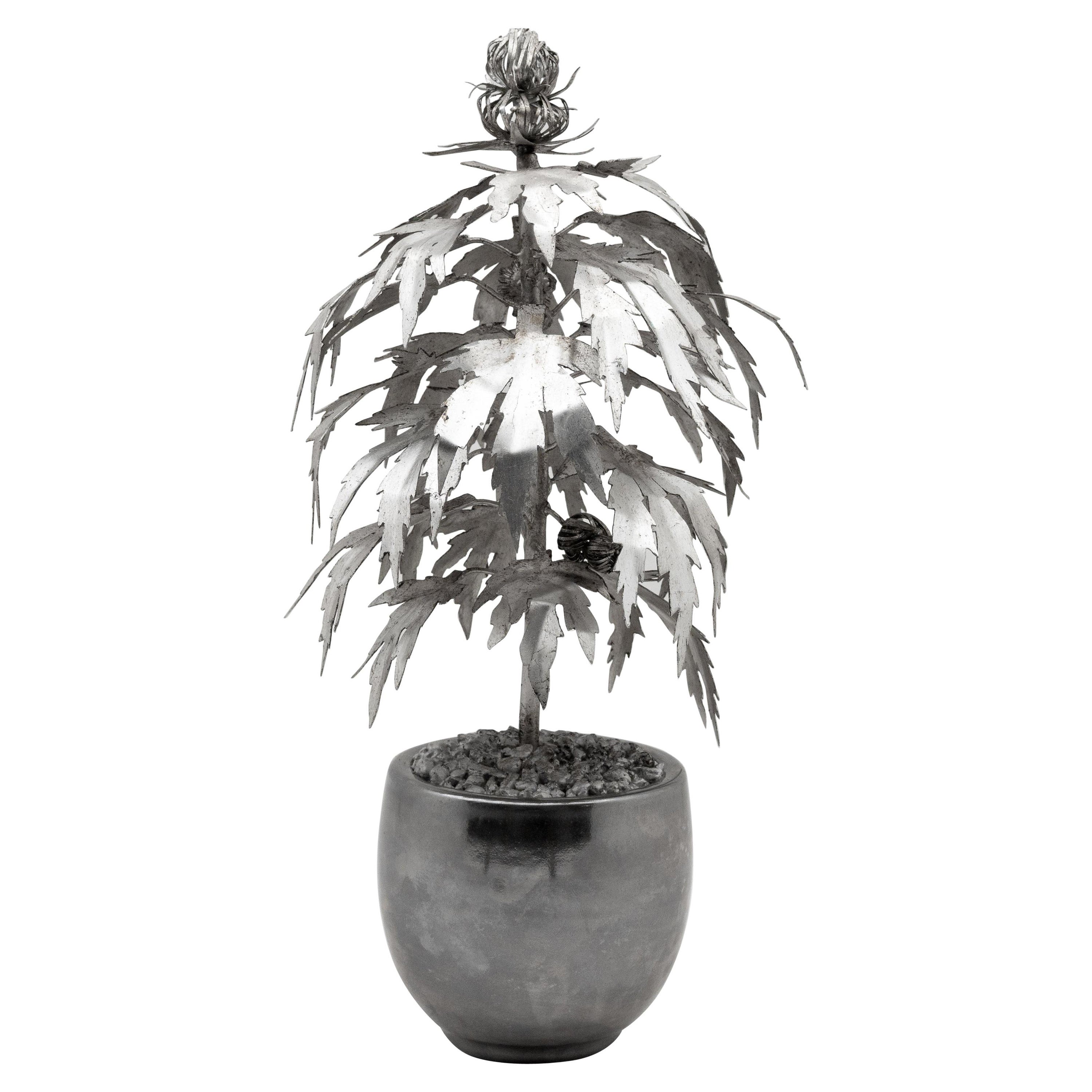 Silvered Tole Marijuana or Cannabis Potted Plant, Park Avenue Pot Plant For Sale