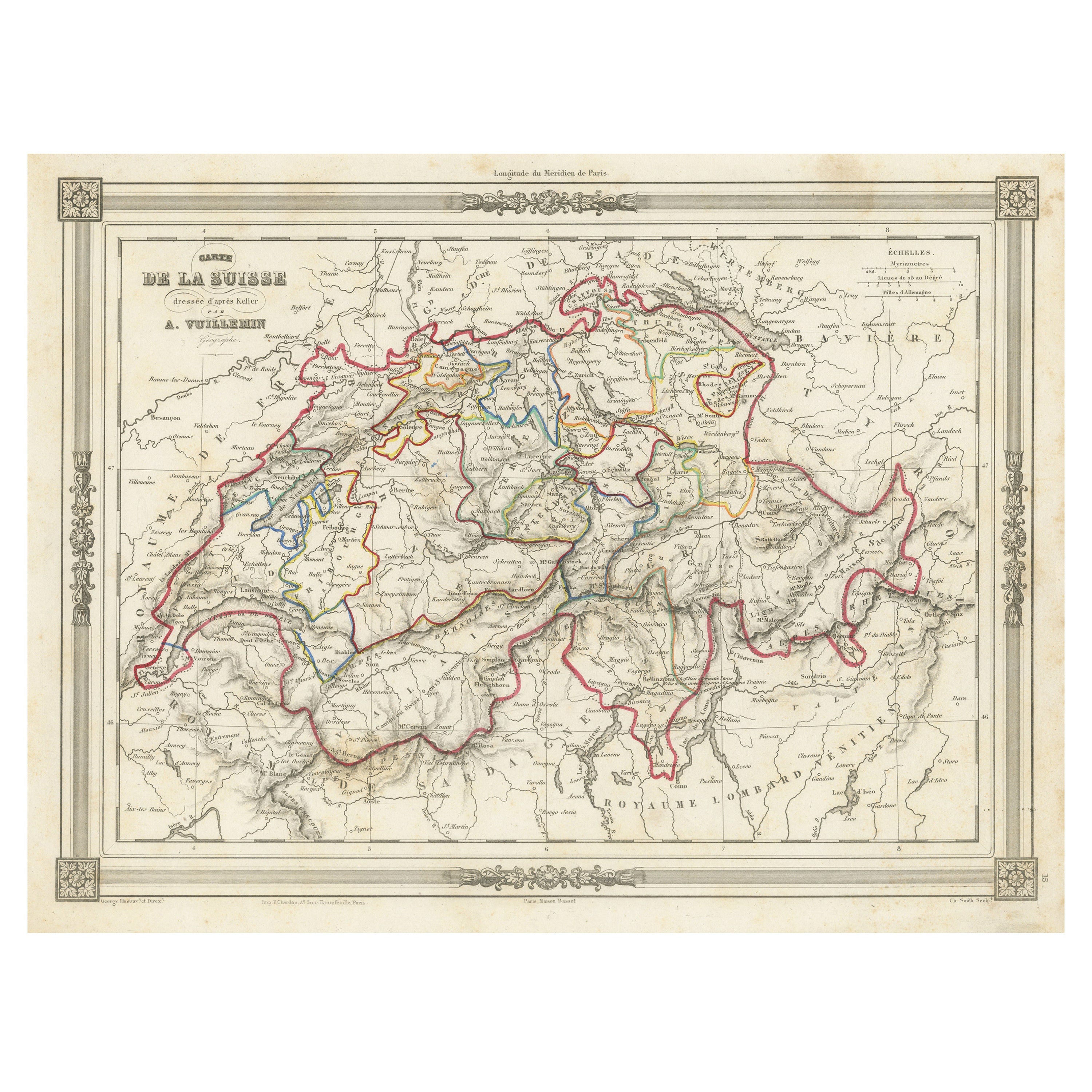 Swiss Splendor: Antique Map of Switzerland and Its Cantons, 1852 For Sale