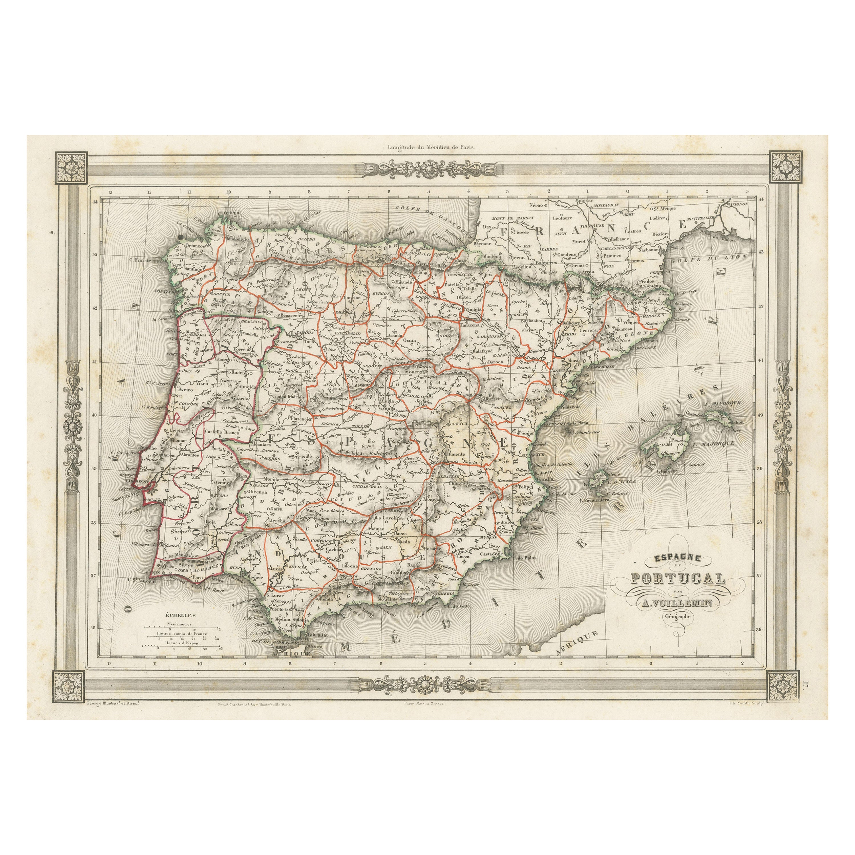 Antique Map of Spain and Portugal, with Frame Style Border For Sale