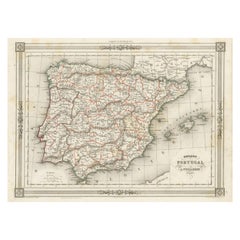 Carte ancienne d'Espagne et du Portugal, avec bordure encadrée