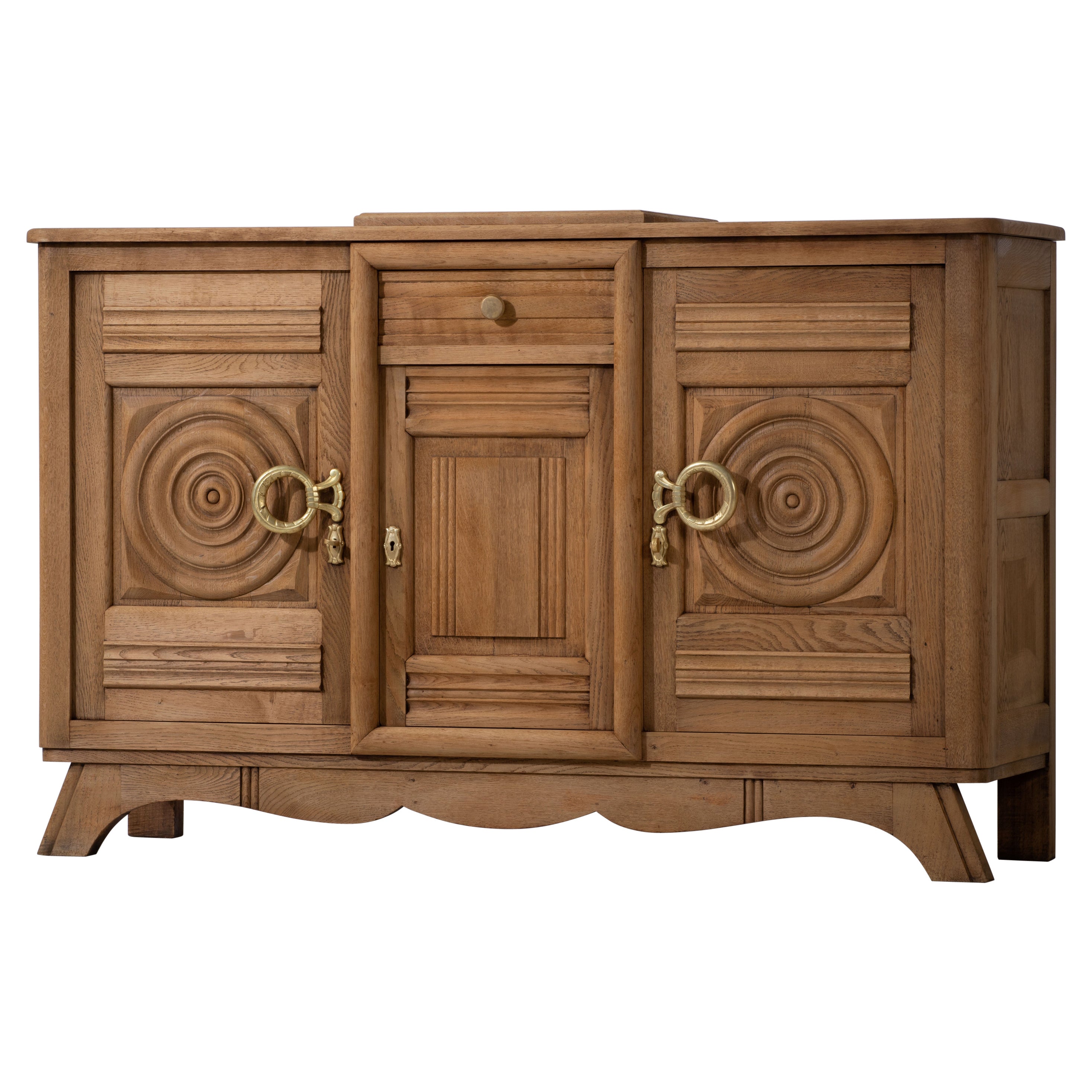 French Solid Oak Credenza with Hand Carved Details, 1940s