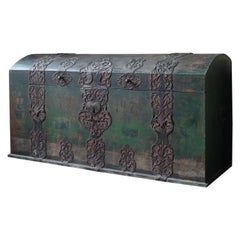19th Century Huge Italian Domed Green Marriage Chest Trunk Ironwork