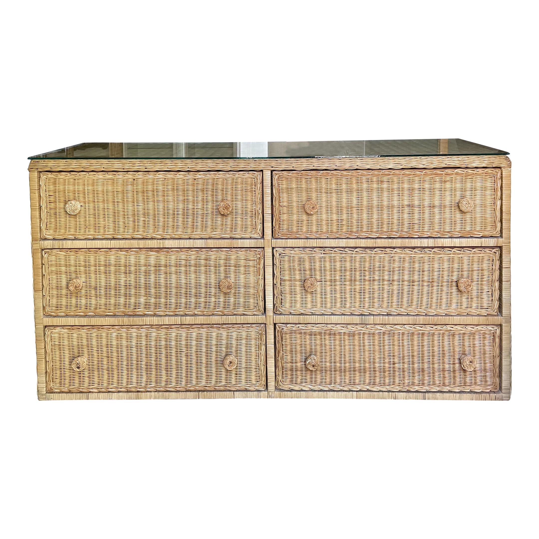 Postmodern Wicker and Bamboo SixDrawer Dresser at 1stDibs post