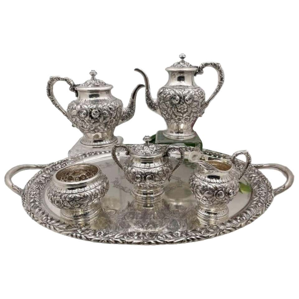 English Monumental Gilt Sterling Silver Tea Set w/ Tray, Cups and ...
