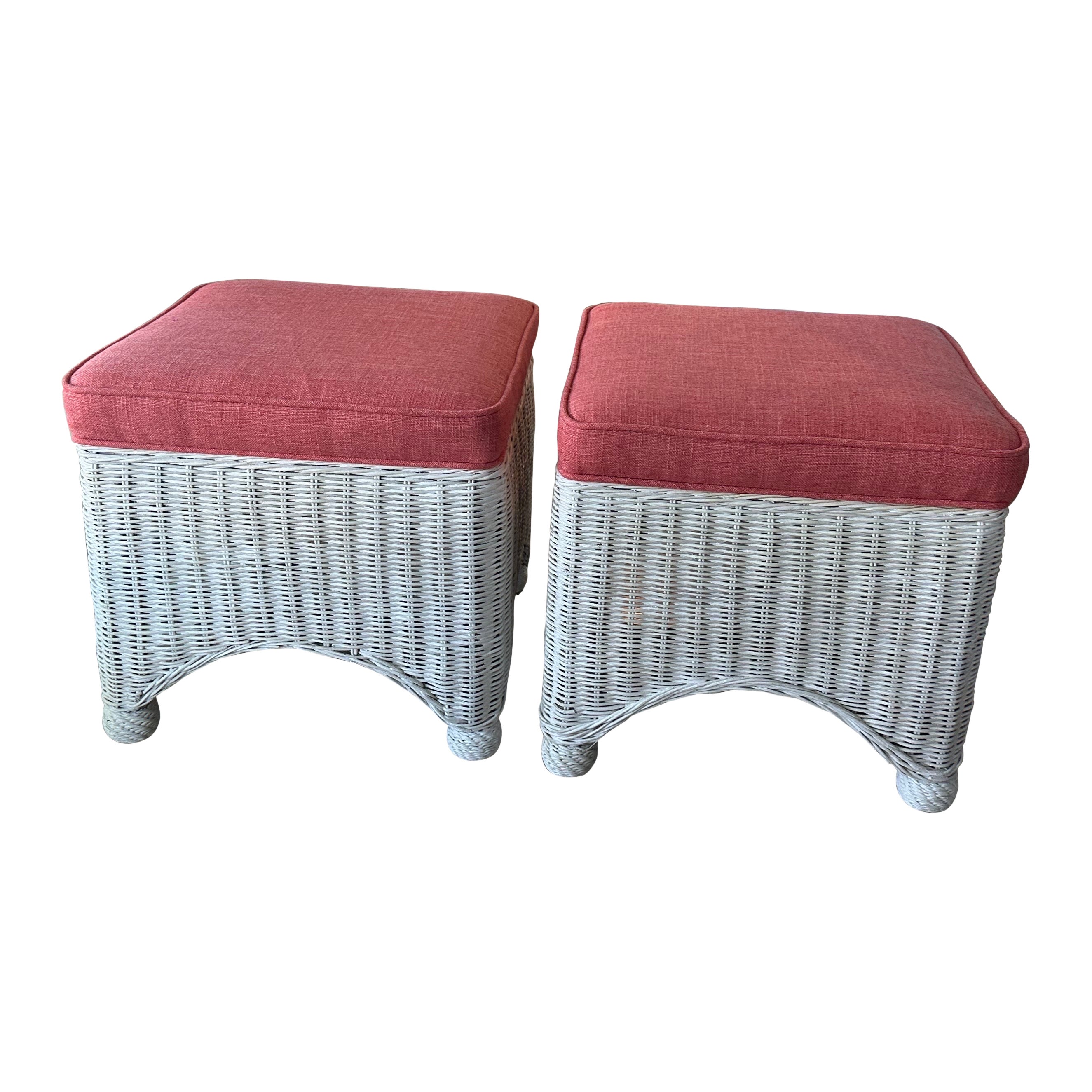 Vintage Pair White Wicker Stools Benches Ottomans New Coral Upholstery For Sale