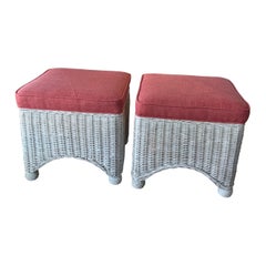 Retro Pair White Wicker Stools Benches Ottomans New Coral Upholstery