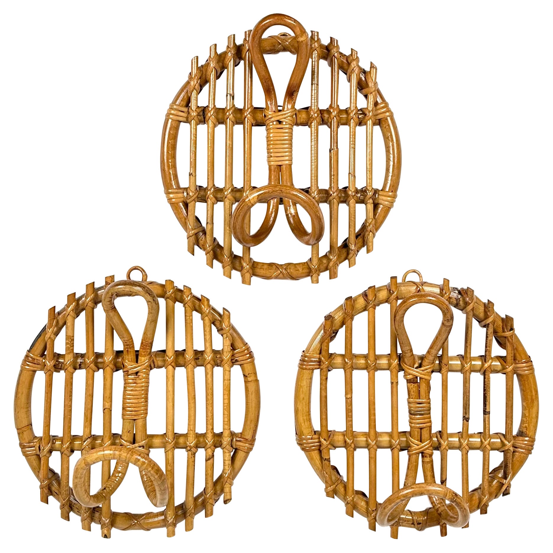 Set of 3 Coat Rack in Bamboo and Rattan Franco Albini Style, Italy, 1960s