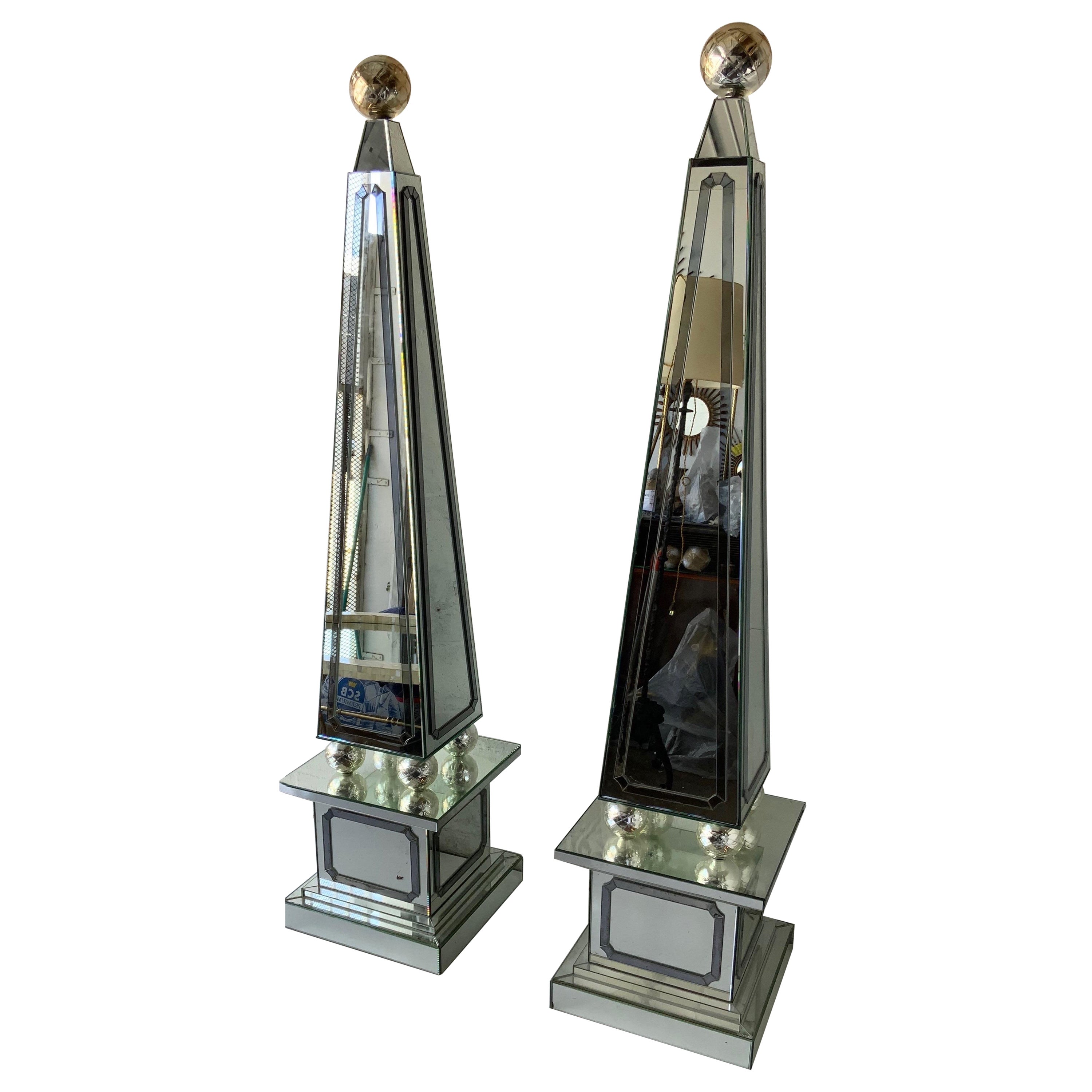 Pair of Huge Midcentury Mirrored Obelisks  For Sale
