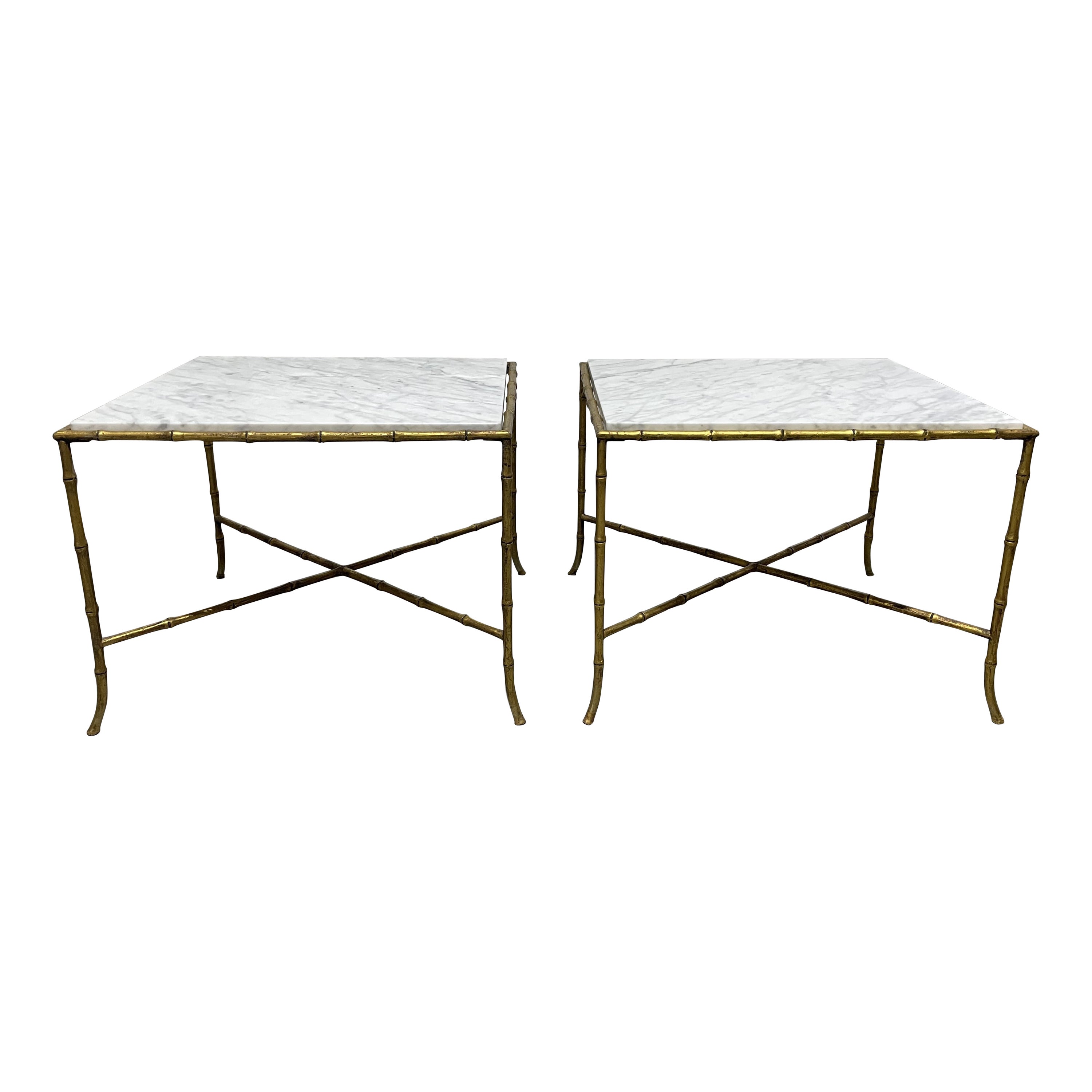 Maison Bagues Gilt Iron Carrara Marble Top Side Tables For Sale