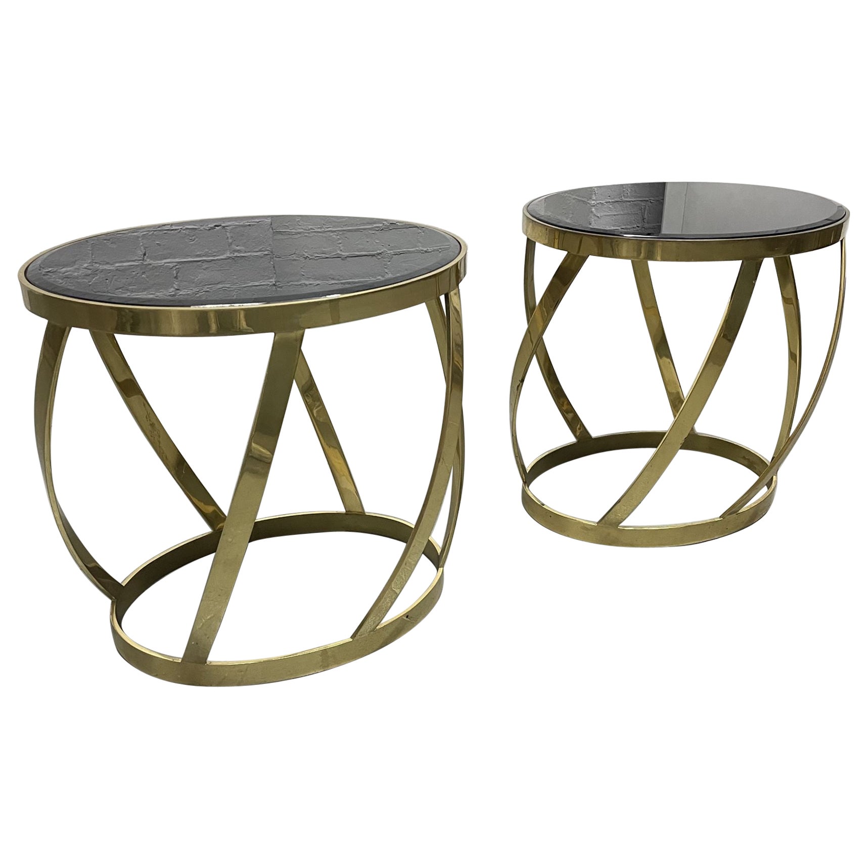 Pair Rare Karl Springer Onyx Top and Brass End Tables For Sale