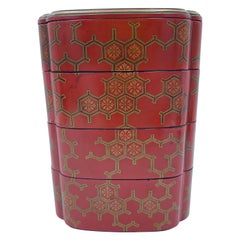 Antique Japanese Jubako 4-Tiered Bento Red Lacquerware Box