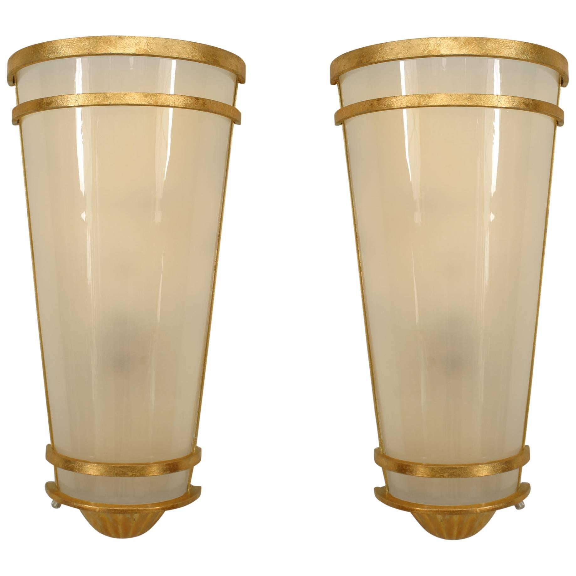 Pair of Cylindrical Gilt-Trimmed Frosted Glass Wall Sconces For Sale