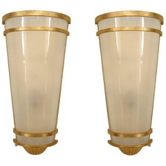 Vintage Pair of Cylindrical Gilt-Trimmed Frosted Glass Wall Sconces