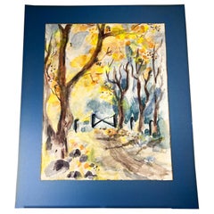 1960s Mid-Century Modern Blue Art Acuarela Paisaje Abstracto Firmado