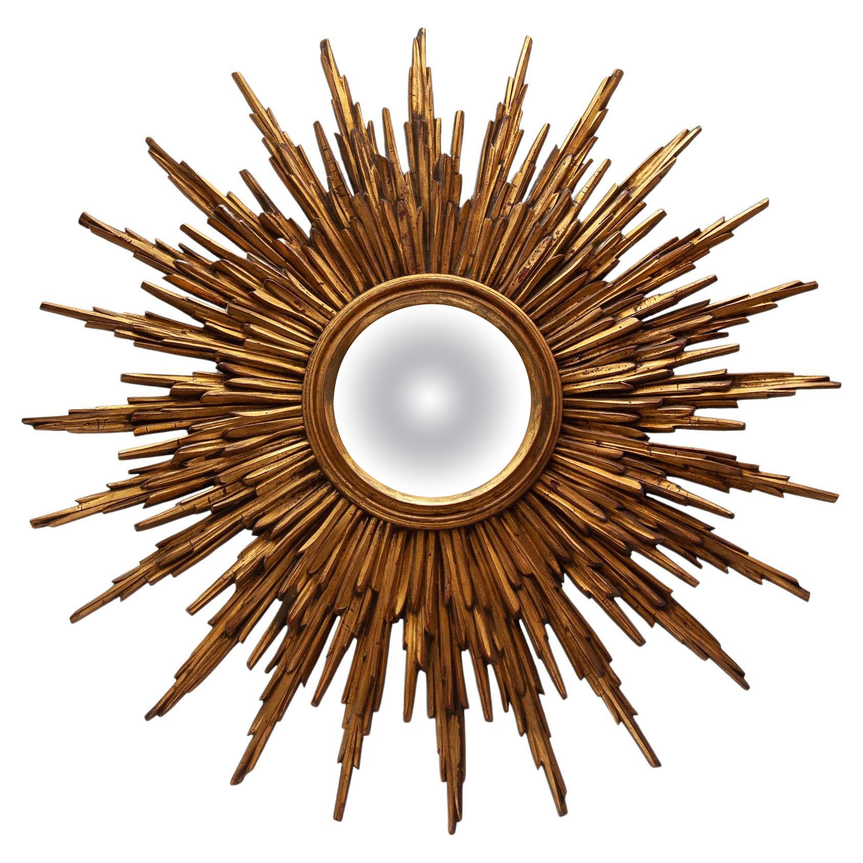 Large Sunburst 1930s Wall Mirror Made of Gold-Plated Wood For Sale