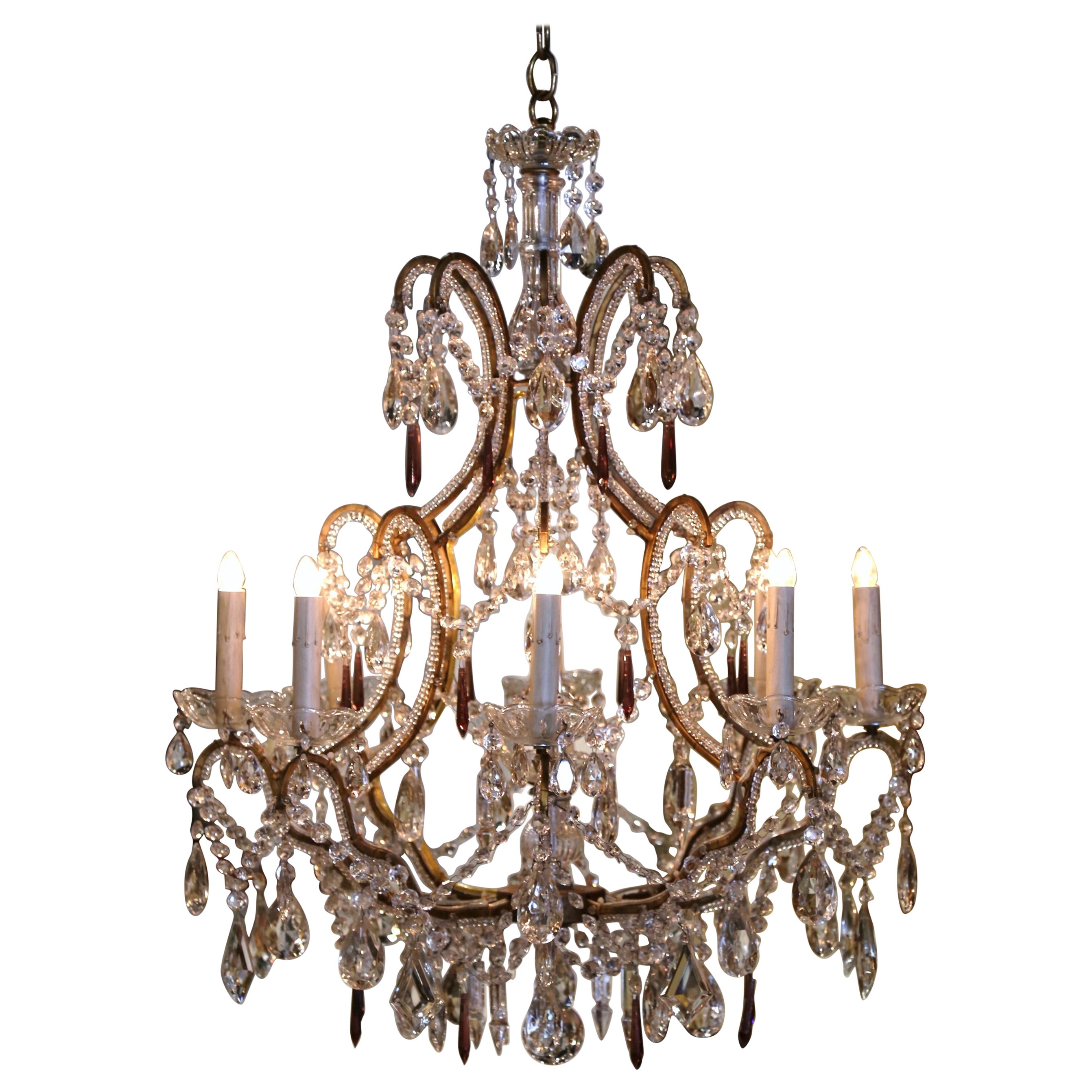 19th Century Italian Crystal and Brass Eight-Light Chandelier with Pendants