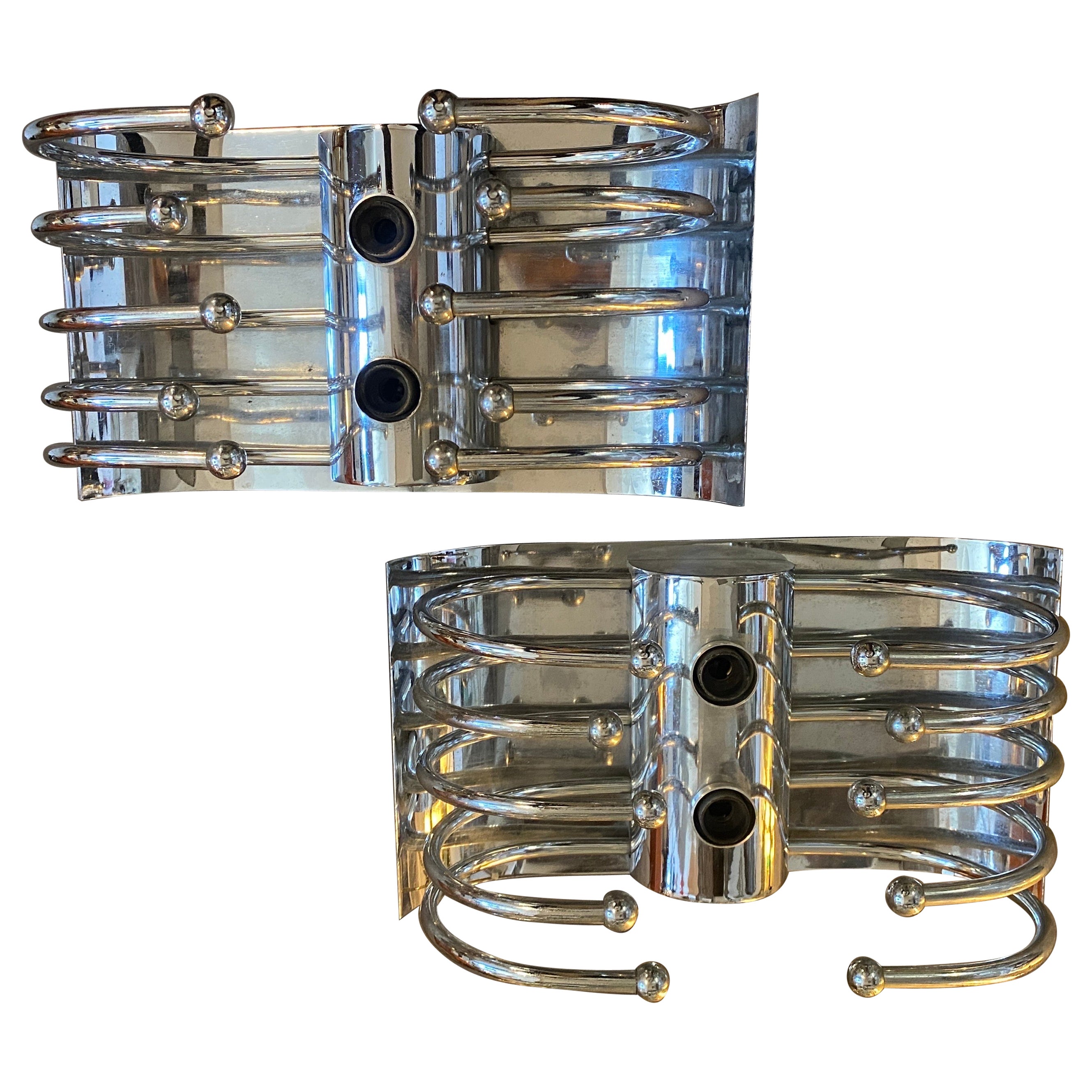 1970s High Quality Rare Space Age Chromed Metal Italian Wall Sconces