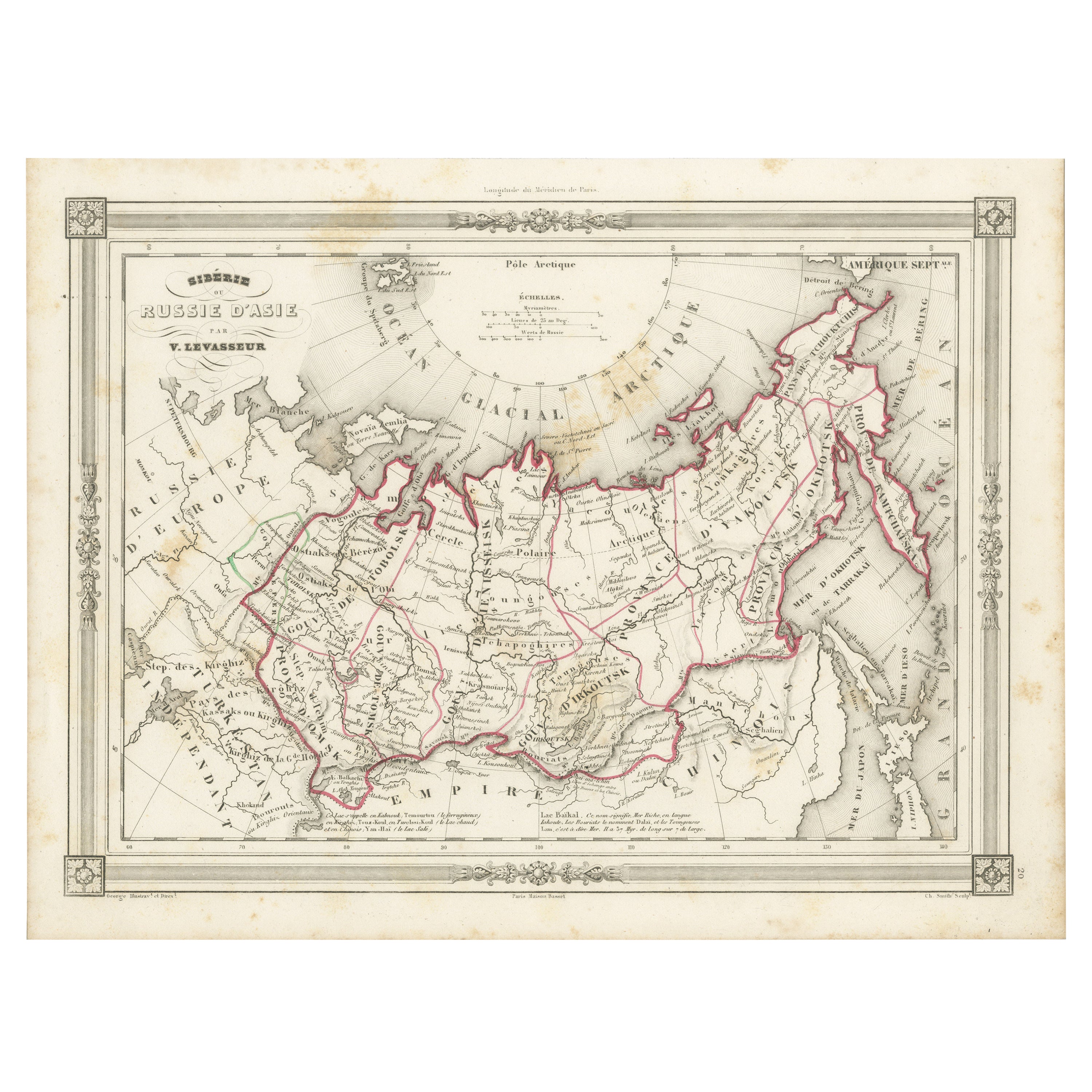 Carte ancienne de la Russie en Asie et de la Sibérie, avec bordure de style cadre