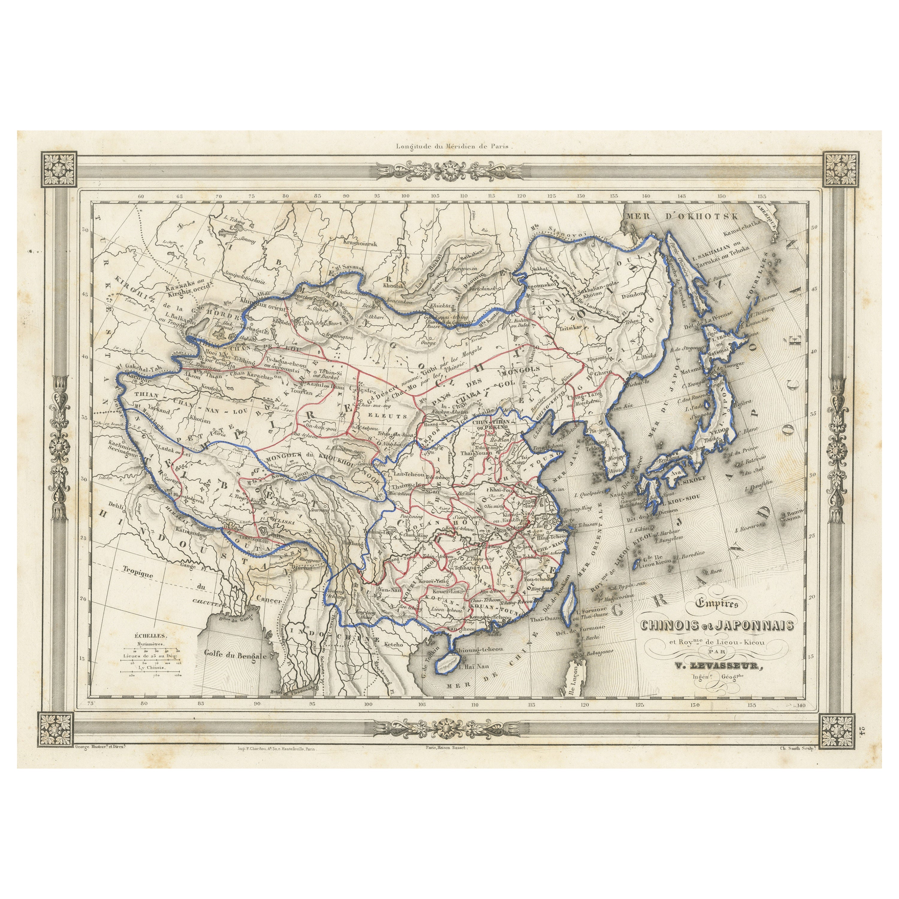 Carte ancienne de la Chine et du Japon, avec bordure encadrée en vente