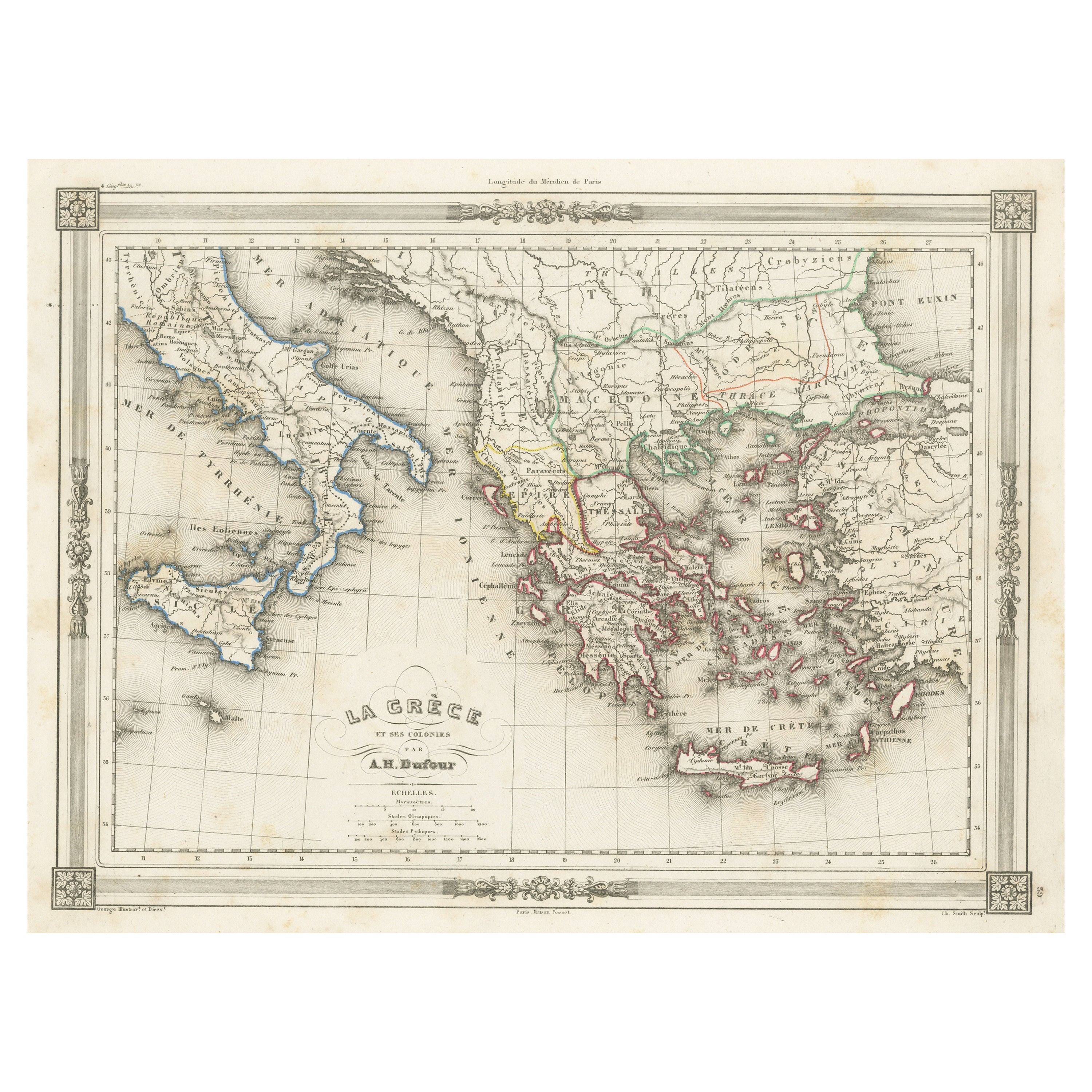 Antique Map of Greece and Its Colonies, with Frame Style Border For Sale