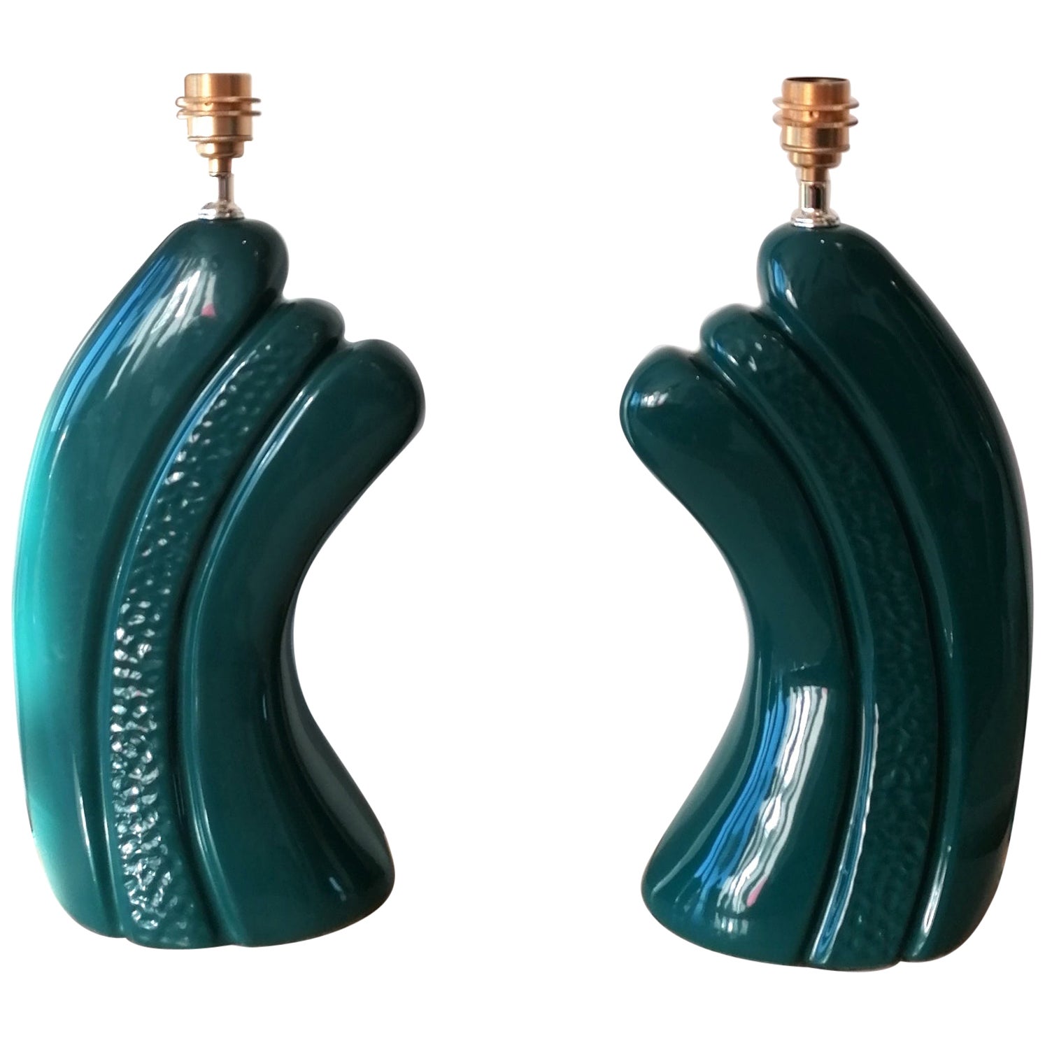 Pair of Dark, Intense Blue / Green Ceramic Lamps, USA 1980s Art Deco Revival For Sale