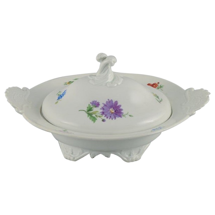 Meissen, Large Round Tureen with Lid, Hand Painted with Flowers For Sale