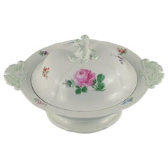 Antique Meissen, Large Round Tureen with Lid, Hand Painted with Flowers, Late 19th C.