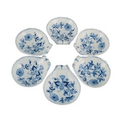 Antique Meissen, a Set of Six Shell-Shaped Bowls, Hand Painted, Blue Onion