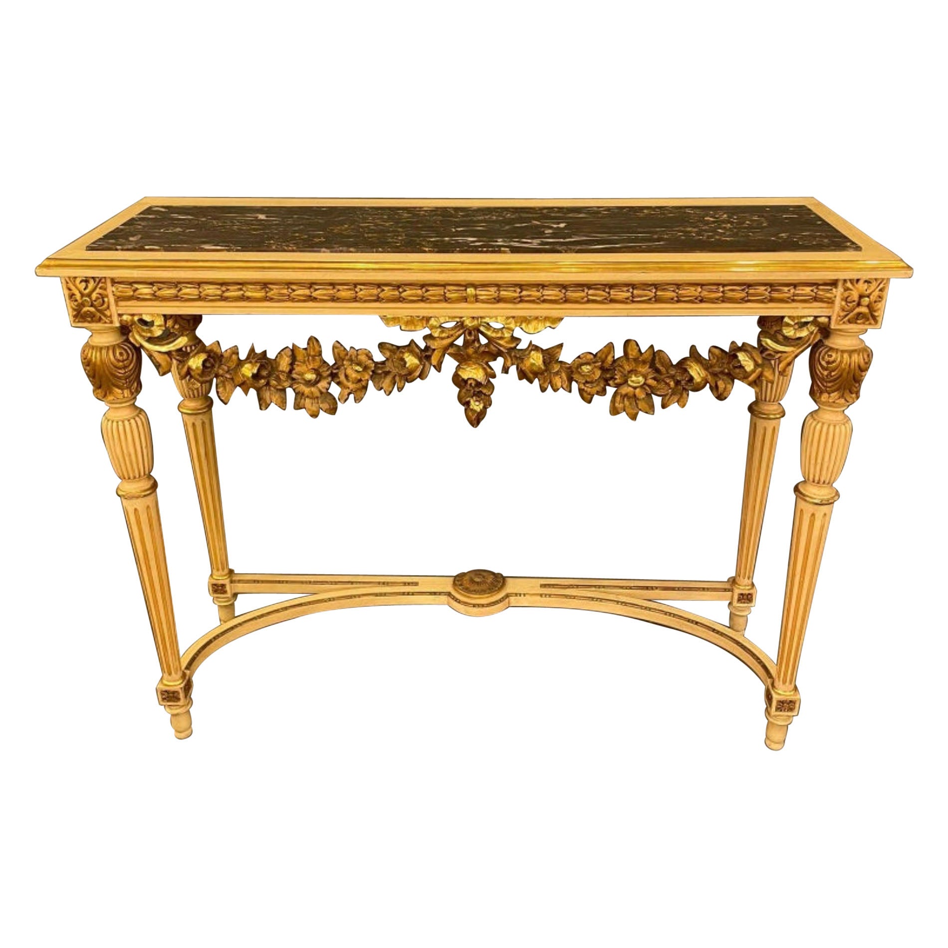 Table console de style Louis XVI en bois doré surmonté de marbre, vers les années 1890