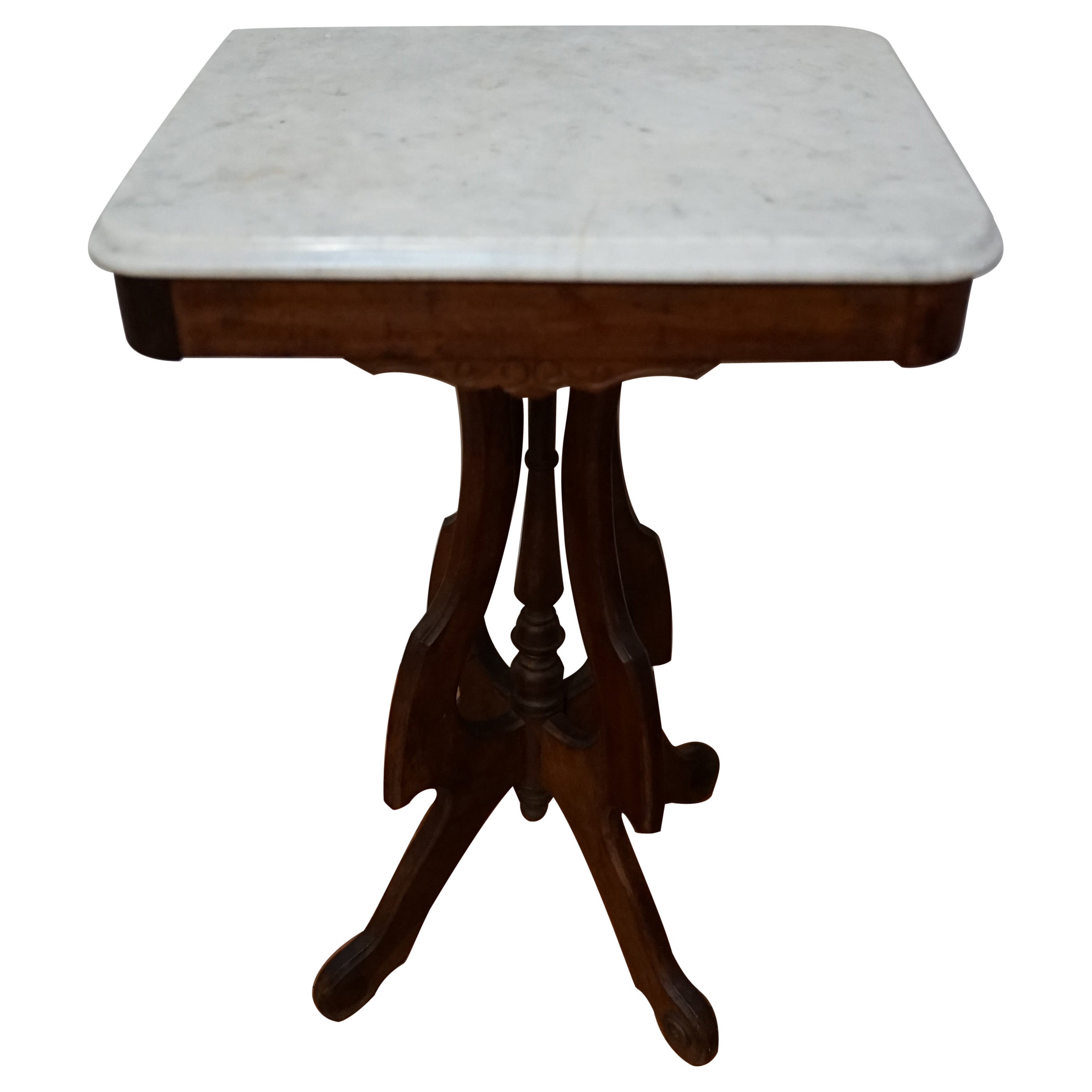 Victorian 1880 Walnut Carved Side Table with White Marble Top For Sale