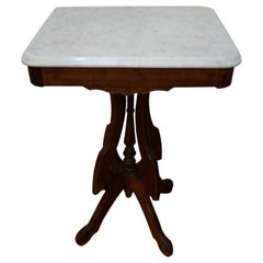 Victorian 1880 Walnut Carved Side Table with White Marble Top