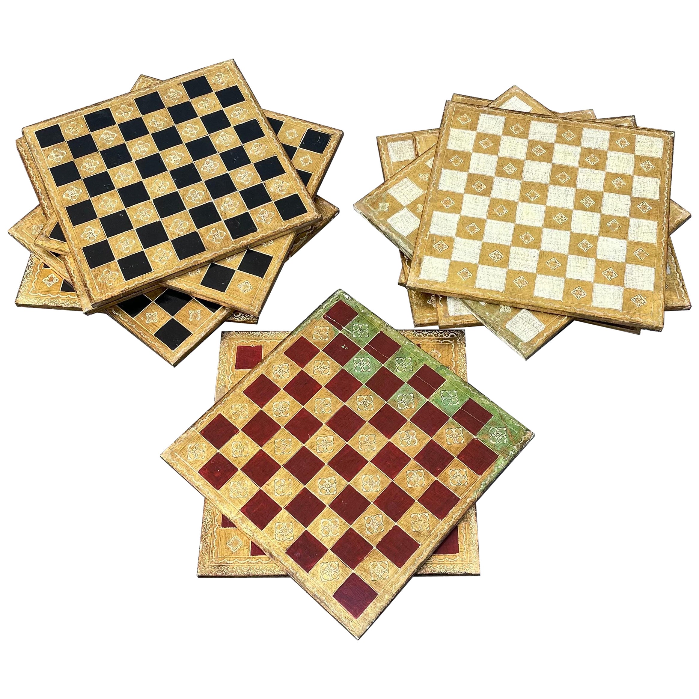 Mid Century Wooden Tiles, Hand Painted Checkerboard Design, Gold Accents, Italy For Sale