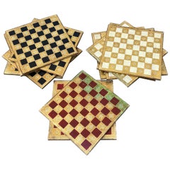 Mid Century Wooden Tiles, Hand Painted Checkerboard Design, Gold Accents, Italy