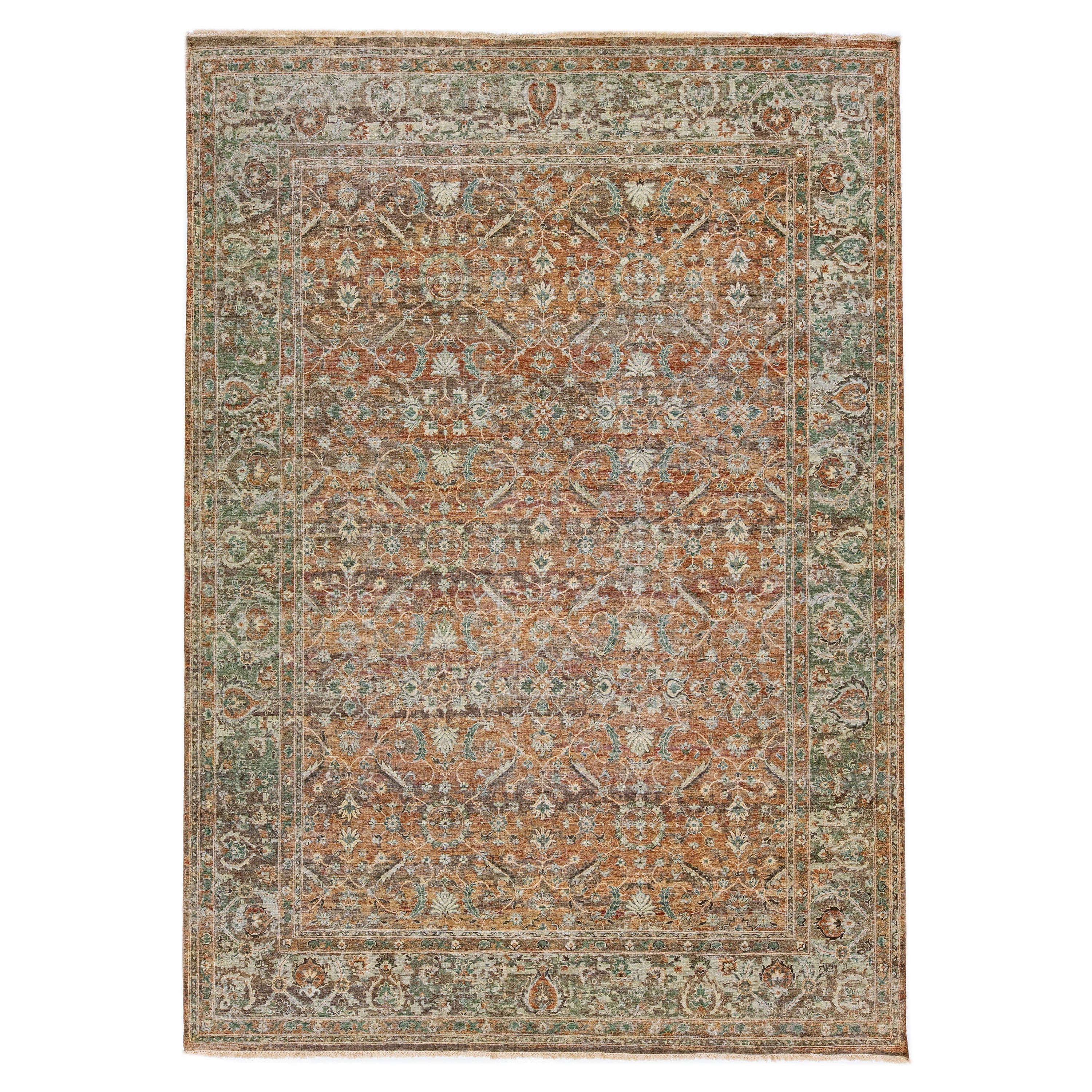 Apadana's Persian Tabriz Style Handmade Floral Wool Rug with Copper Field For Sale