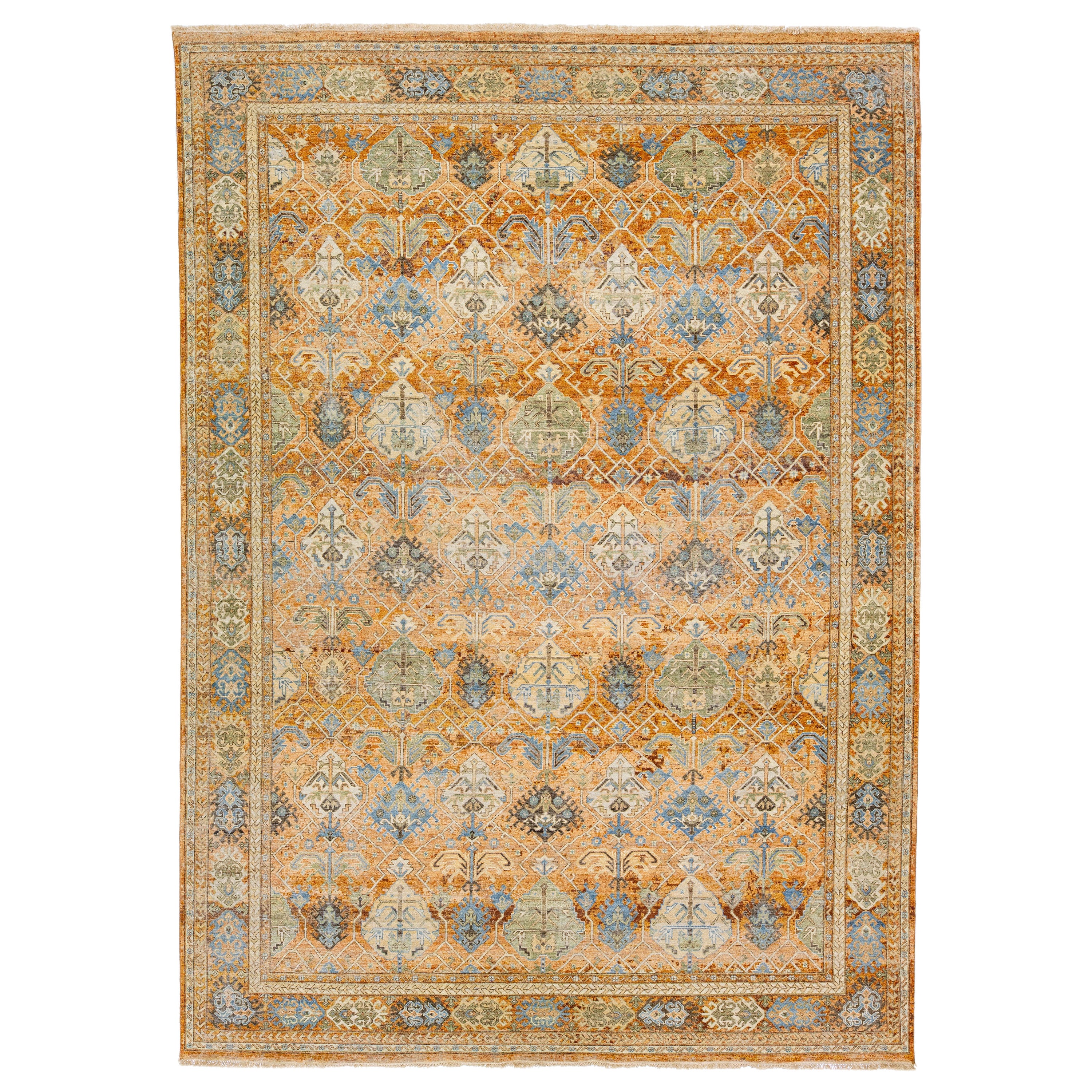 Handmade Apadana's Persian Tabriz Style Wool Rug with Allover Design in Orange For Sale