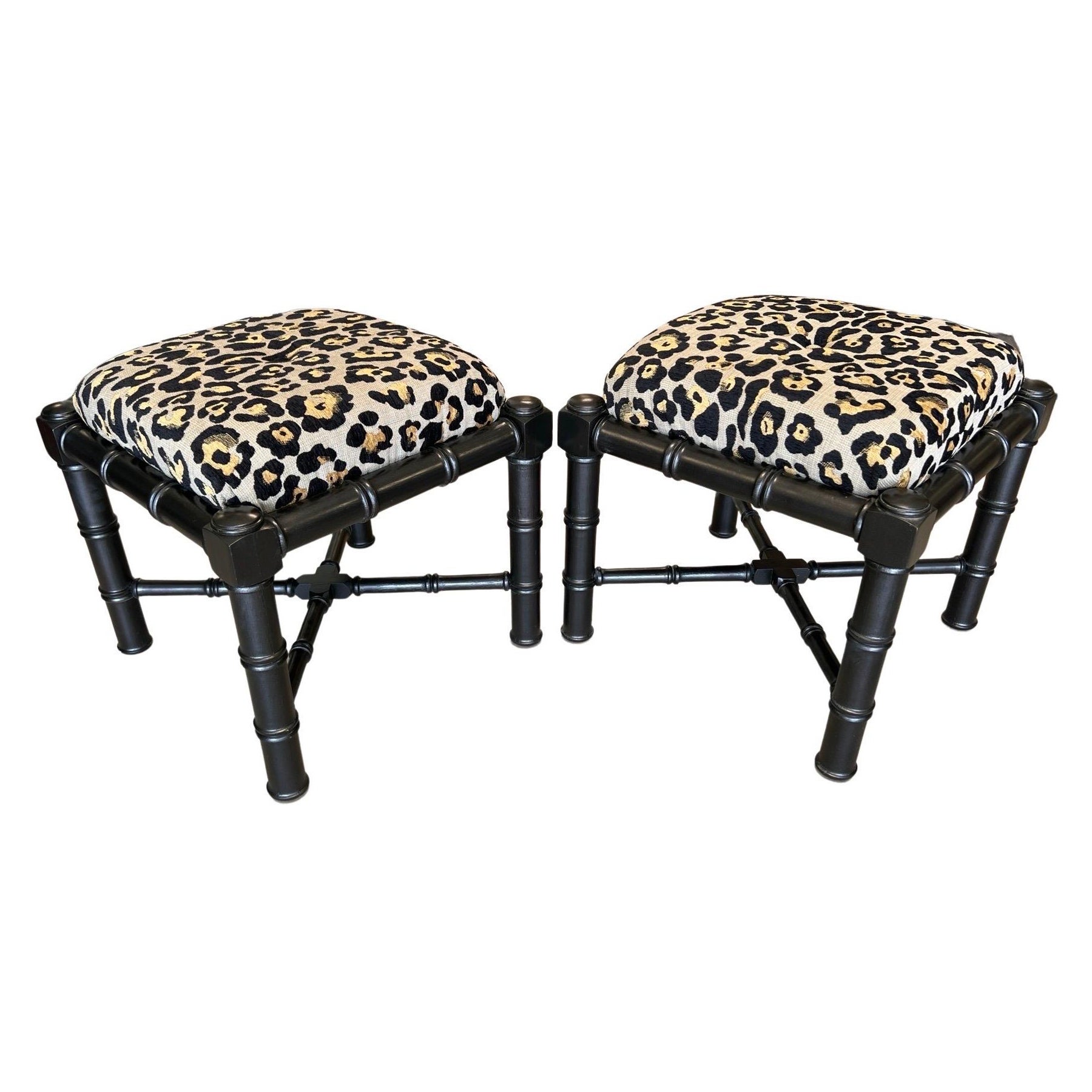 Pair, Ebonized Faux Bamboo Stools with Leopard Fabric Upholstery For Sale