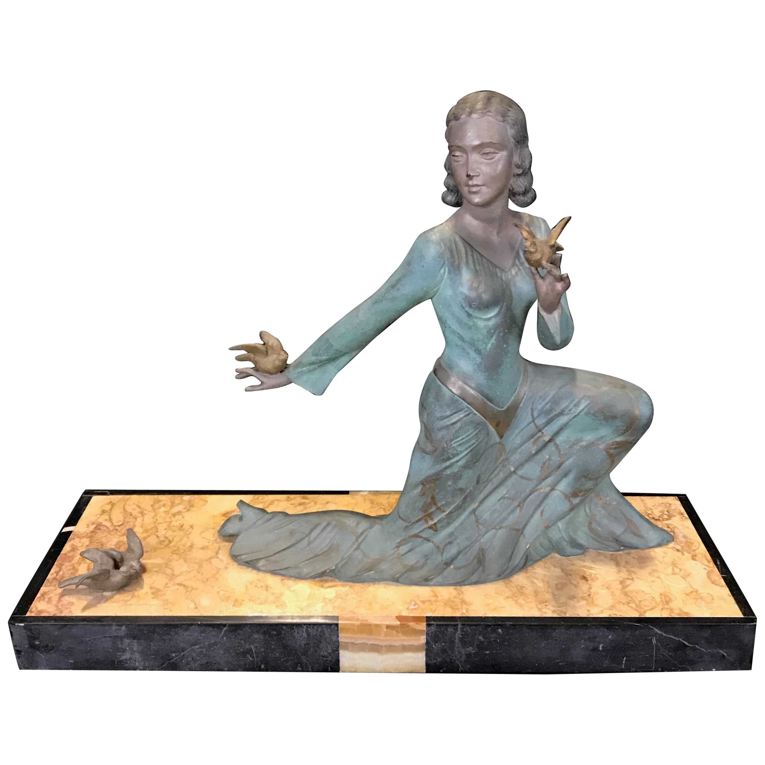 Lovely French Art Deco Sculpture " Lady with Her Birds” by M. Secondo For Sale
